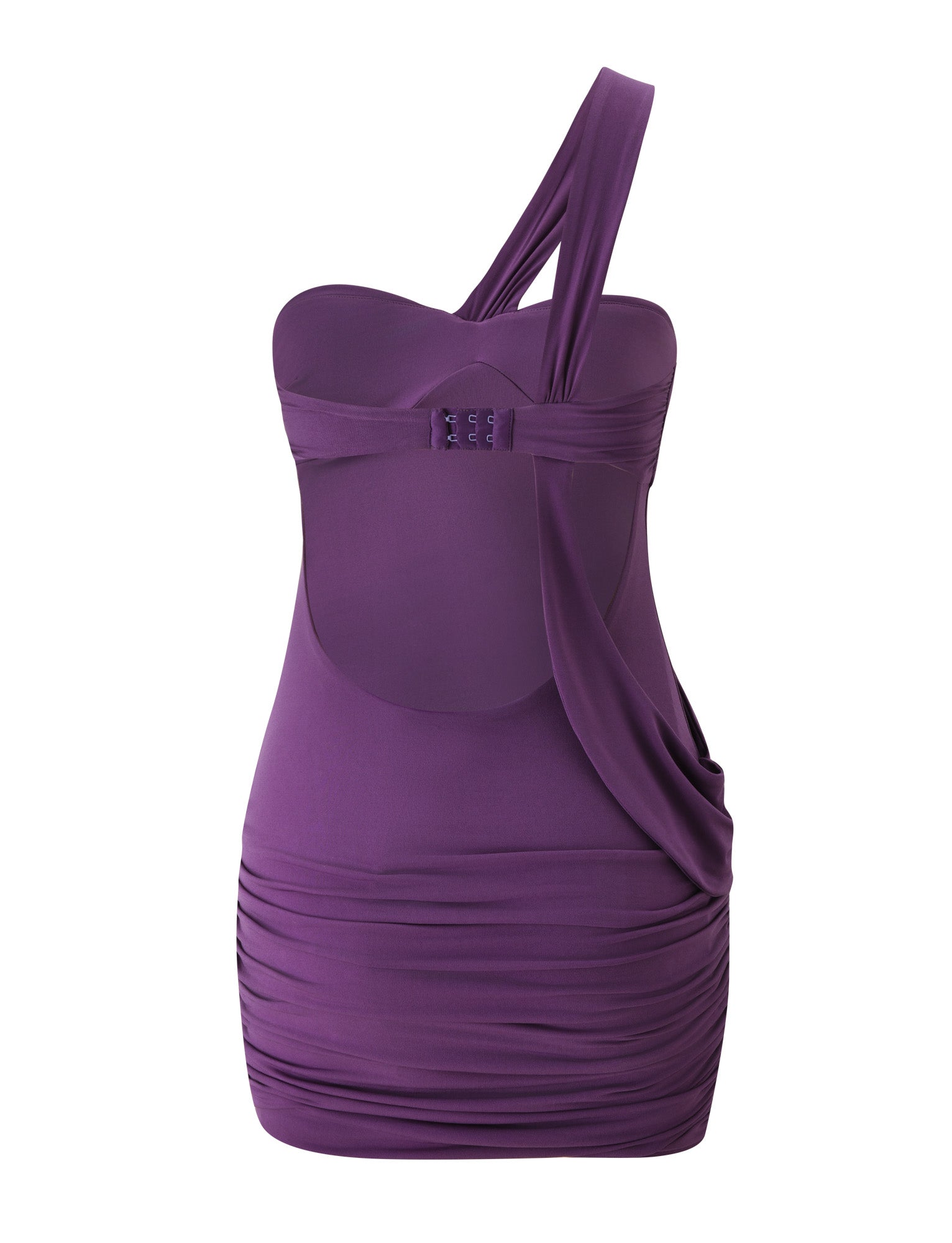 The MAIZY MINI DRESS - PLUM by TIGERMIST is a sleeveless, one-shoulder fitted mini dress with a sweetheart bandeau neckline, draped fabric, and ruching details on the skirt, shown against a plain white background.