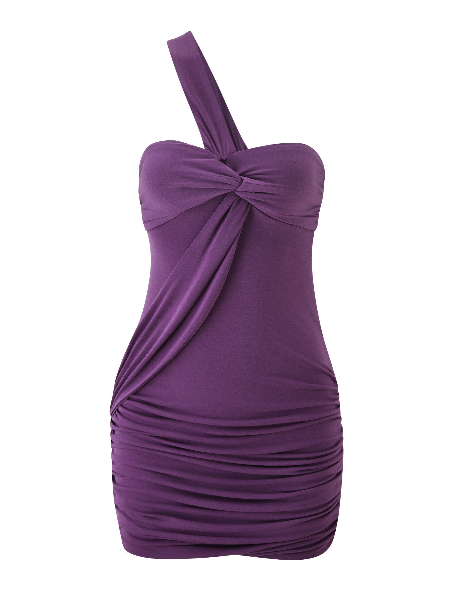 The MAIZY MINI DRESS - PLUM by TIGERMIST is a vibrant purple one-shoulder mini dress, featuring ruched detailing and draped fabric with a twisted knot design at the bust for an effortlessly chic look.