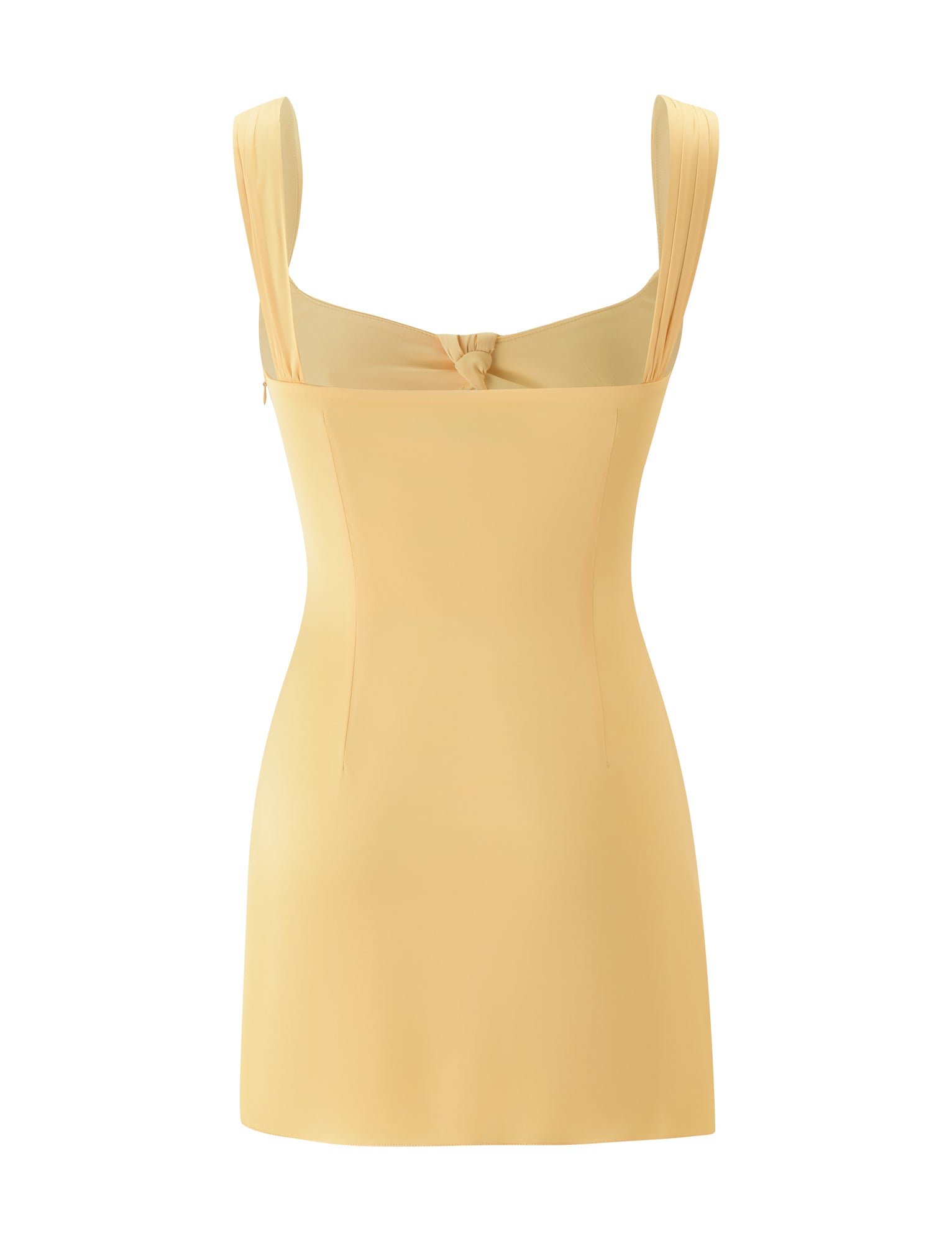 The STAV MINI DRESS - BUTTER YELLOW by TIGERMIST is a sleeveless, fitted satin mini dress featuring wide shoulder straps and a subtle knot detail at the top of the back. Its smooth, slightly shiny fabric makes it an ideal choice for garden parties.
