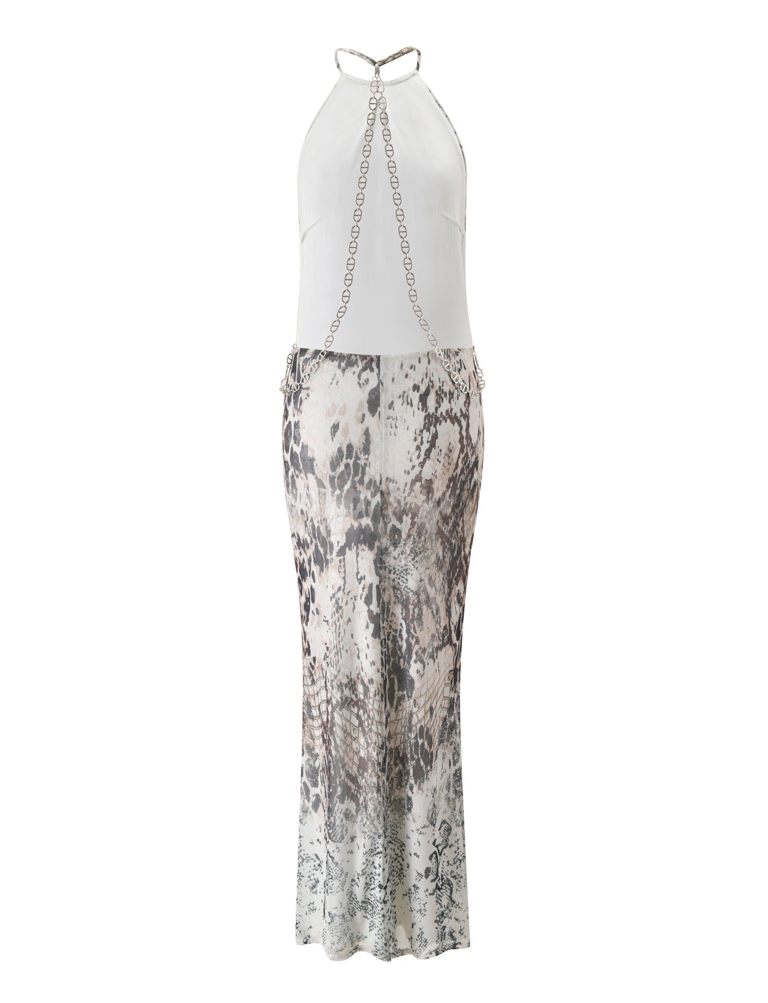The ZALIE MAXI DRESS - SNAKE PRINT by TIGERMIST is a white halter-neck maxi dress with chain straps and a fitted bodice, featuring a long skirt adorned with an elegant gray and black snakeskin print.