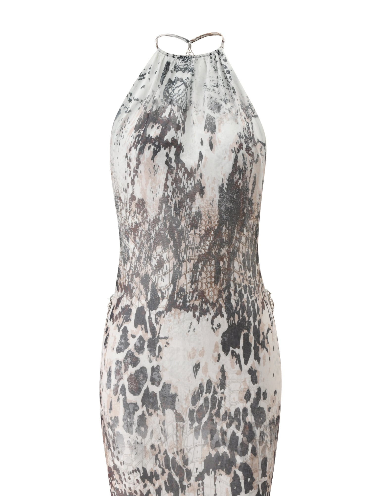 The ZALIE MAXI DRESS - SNAKE PRINT by TIGERMIST is a sleeveless halter-neck dress with a gray and brown snakeskin pattern, featuring metal chain straps and a fitted silhouette, displayed on a plain white background.