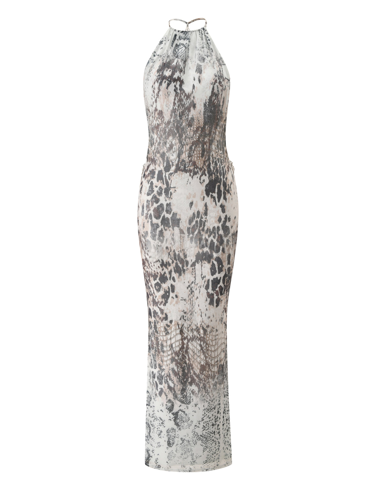 The ZALIE MAXI DRESS by TIGERMIST is a sleeveless, fitted maxi dress with a halter neckline, showcasing a striking gray and black snakeskin print throughout the fabric.