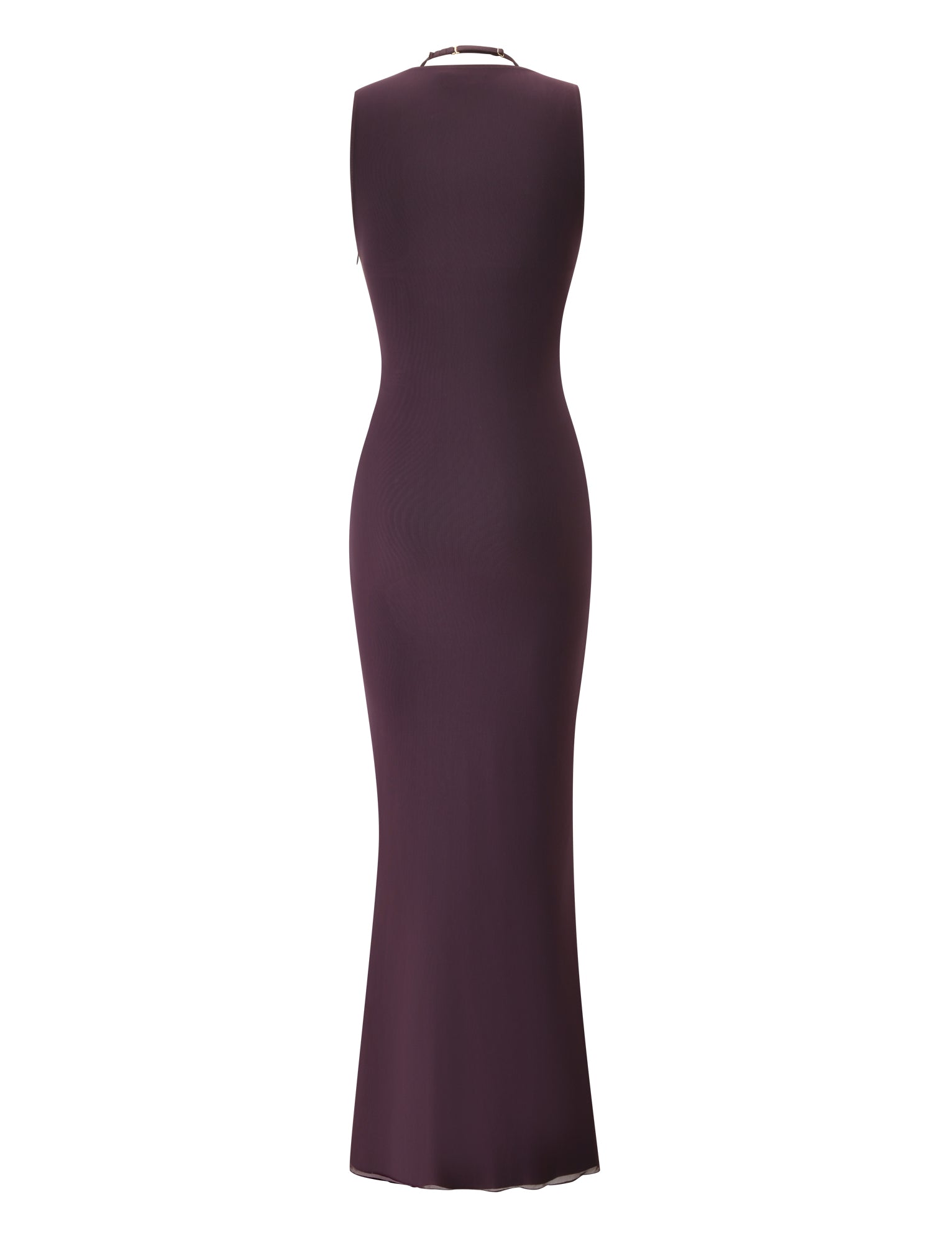 The NOEMI MAXI DRESS by TIGERMIST in Deep Plum is a sleeveless, floor-length formal gown showcased from the back. It features a fitted silhouette with a subtle flare at the hem and is elegantly completed with a sophisticated draped cowl neckline.