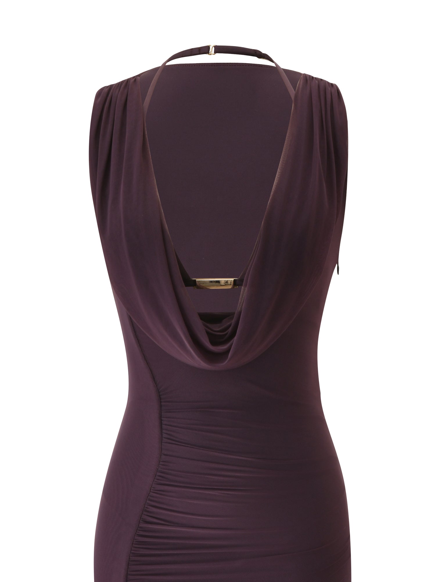 A back view of the NOEMI MAXI DRESS in Deep Plum by TIGERMIST, a sleeveless, form-fitting mesh maxi dress featuring a draped cowl neckline and a sheer mesh panel at the upper back finished with a gold metal clasp near the top.