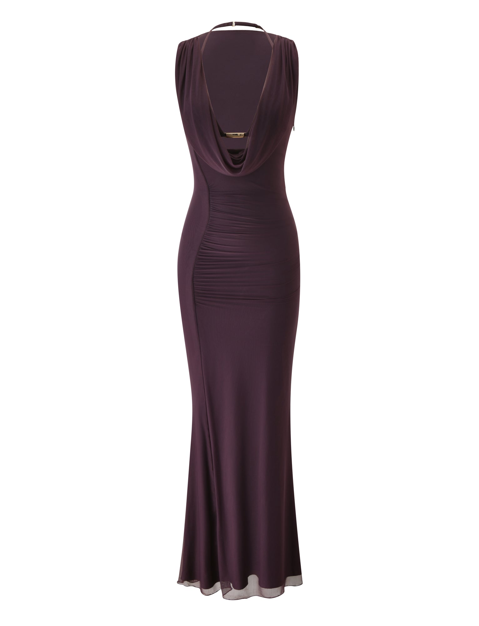 The NOEMI MAXI DRESS by TIGERMIST is a sleeveless, floor-length gown in deep plum, featuring a draped cowl neckline, low back, and fitted silhouette, displayed on a white background.