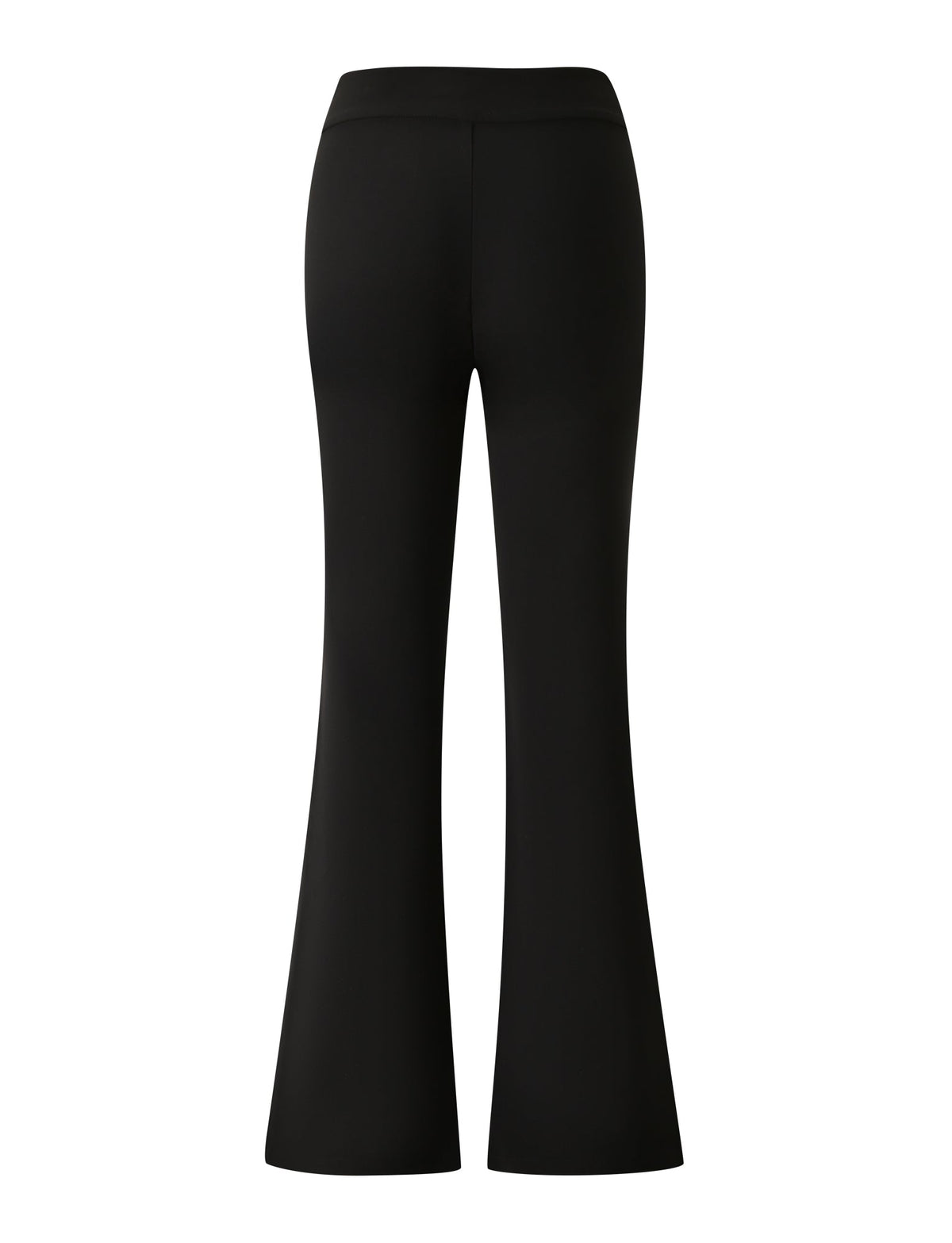 The JETTA PANT - BLACK by TIGERMIST is shown from the back against a white background. These high-waisted black pants, crafted from smooth fabric, are fitted through the hips and thighs before flaring dramatically at the hem. A silver buckle waistband lends a modern touch to this classic silhouette.