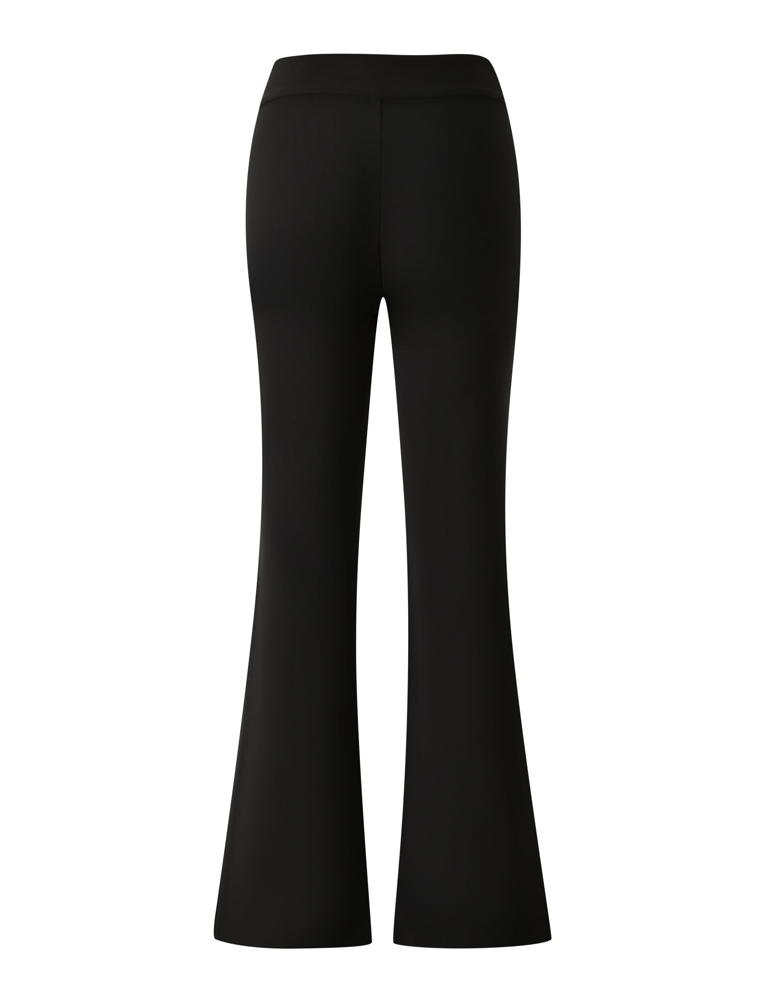 The JETTA PANT - BLACK by TIGERMIST is shown from the back against a white background. These high-waisted black pants, crafted from smooth fabric, are fitted through the hips and thighs before flaring dramatically at the hem. A silver buckle waistband lends a modern touch to this classic silhouette.