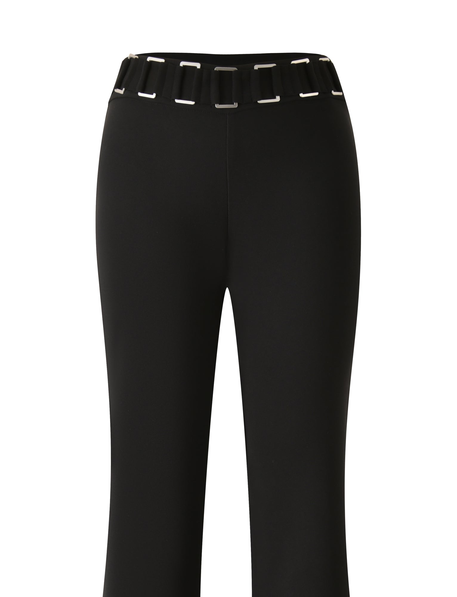 The JETTA PANT - BLACK by TIGERMIST features a high-waisted, fitted silhouette with slightly flared legs and a sleek black design. The waistband is adorned with a decorative silver buckle and rectangular metal accents, showcased against a white background.