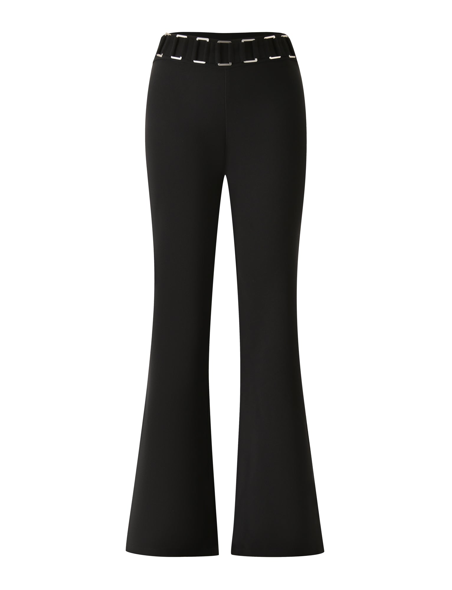 Introducing the JETTA PANT - BLACK by TIGERMIST: Sleek, fitted black pants featuring a high waist and a bold silver buckle waistband. The tailored design hugs the thighs before flaring into a dramatic silhouette, with evenly spaced rectangular silver metal accents around the waistband for an eye-catching finish.