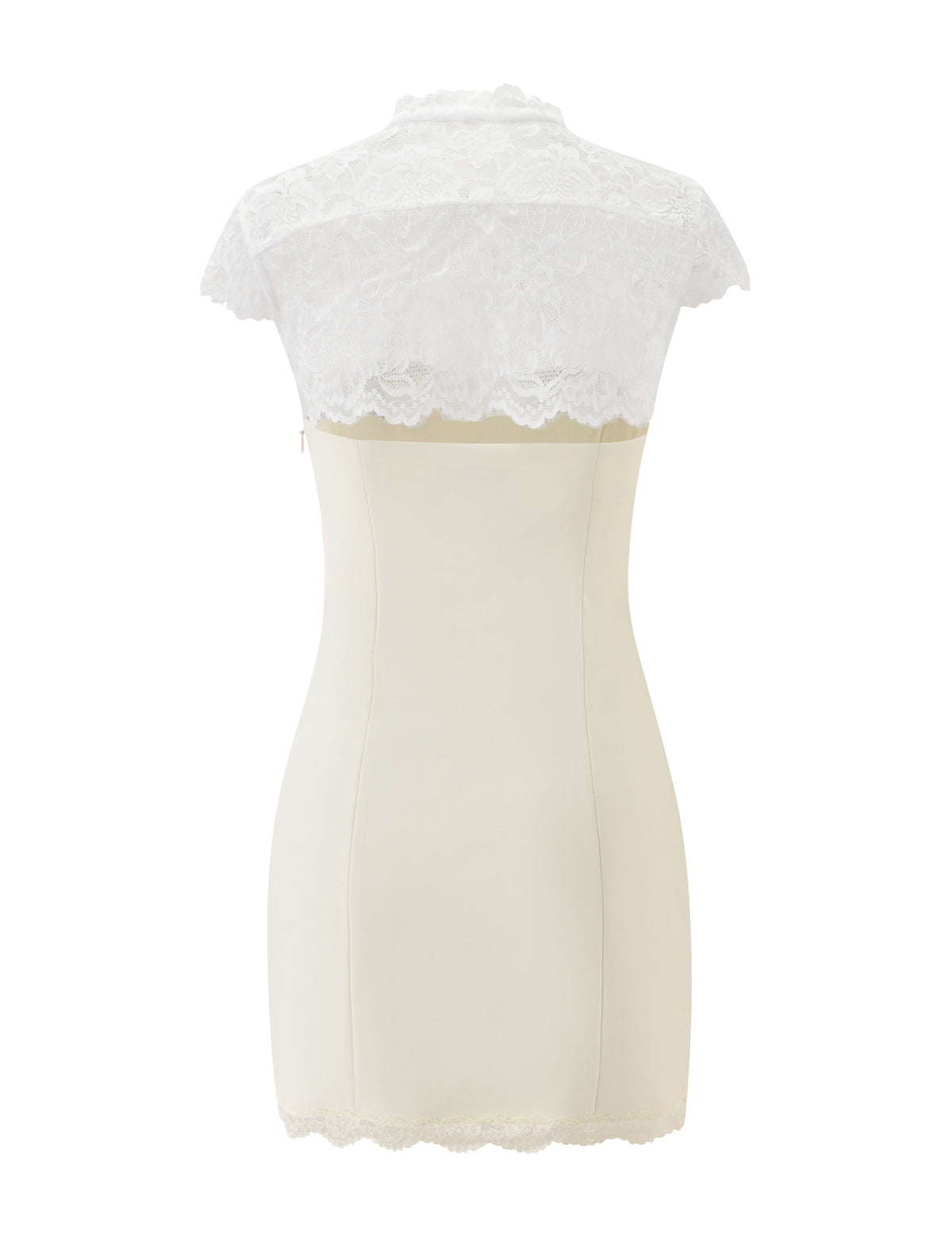 BRIA MINI DRESS - CREAM, a cream-colored mini dress featuring a sheer white lace bodice and short sleeves, suitable for a bridal shower.