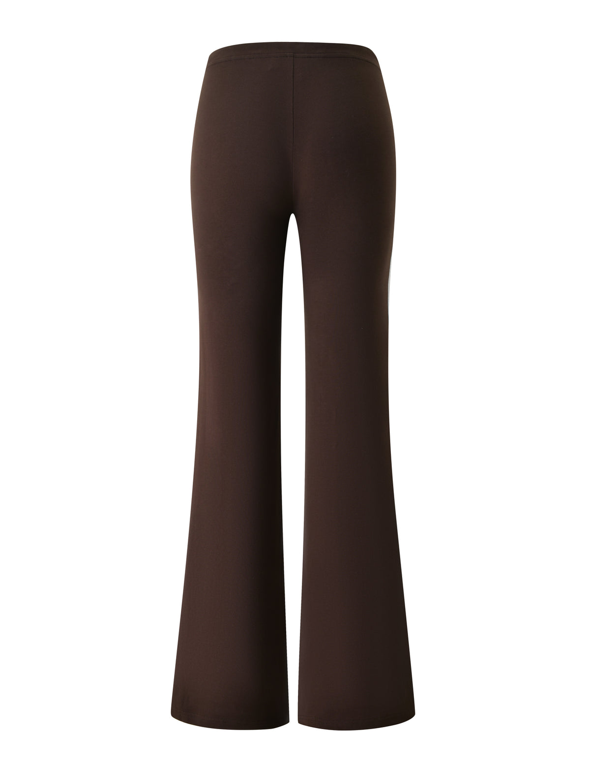 Back view of the TIGERMIST COLLINS TRACKPANT - CHOCOLATE STRIPE, featuring a smooth, seamless high-waisted waistband and flared legs. The trackpants are shown in brown with stripe detailing against a plain white background.
