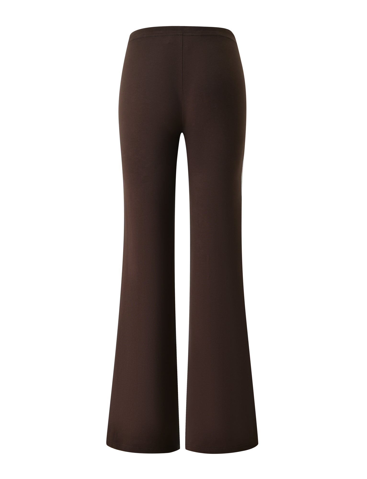 Back view of the TIGERMIST COLLINS TRACKPANT - CHOCOLATE STRIPE, featuring a smooth, seamless high-waisted waistband and flared legs. The trackpants are shown in brown with stripe detailing against a plain white background.