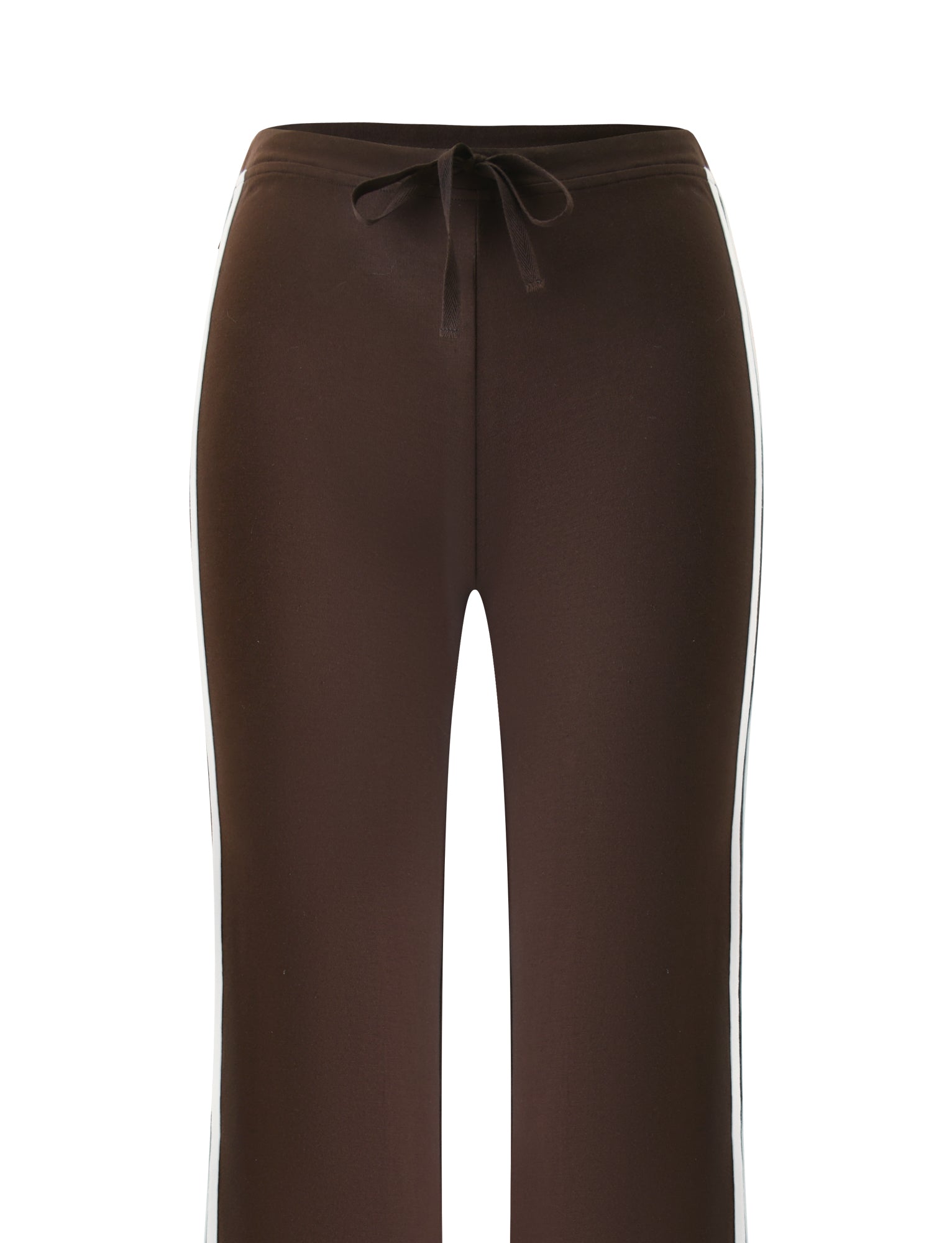 The COLLINS TRACKPANT - CHOCOLATE STRIPE by TIGERMIST features chocolate brown trackpants with a drawstring waist and white vertical stripes along the sides, showcasing a subtle flared leg silhouette, displayed against a plain white background.