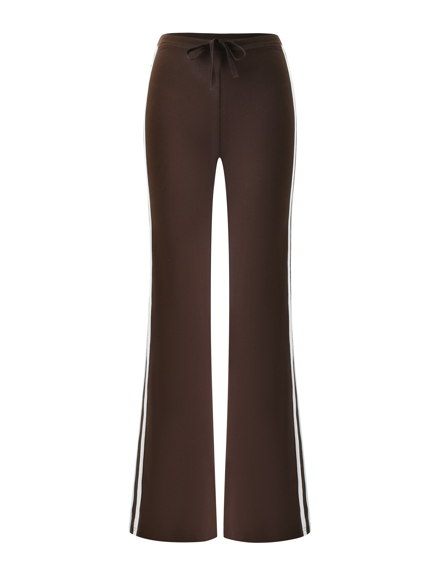 The TIGERMIST COLLINS TRACKPANT - CHOCOLATE STRIPE features brown flared legs, a drawstring waist, and white side stripes, displayed on a plain white background.