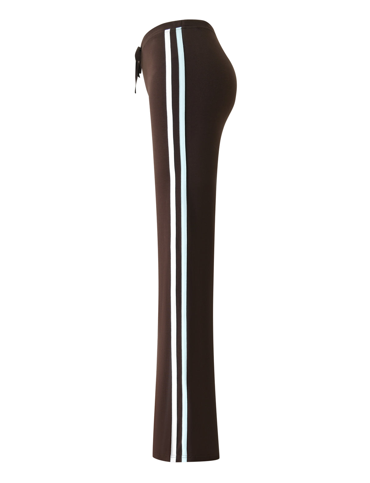 The COLLINS TRACKPANT - CHOCOLATE STRIPE by TIGERMIST features flared legs and two vertical white stripes down the side, shown from a side view on a white background.
