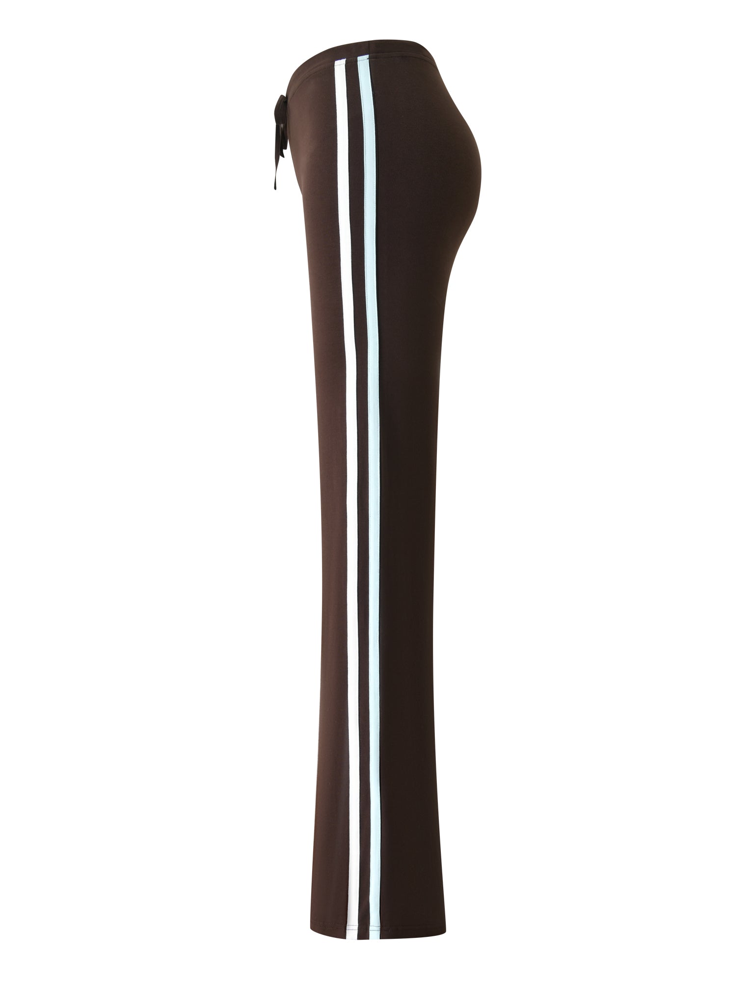 The COLLINS TRACKPANT - CHOCOLATE STRIPE by TIGERMIST features flared legs and two vertical white stripes down the side, shown from a side view on a white background.