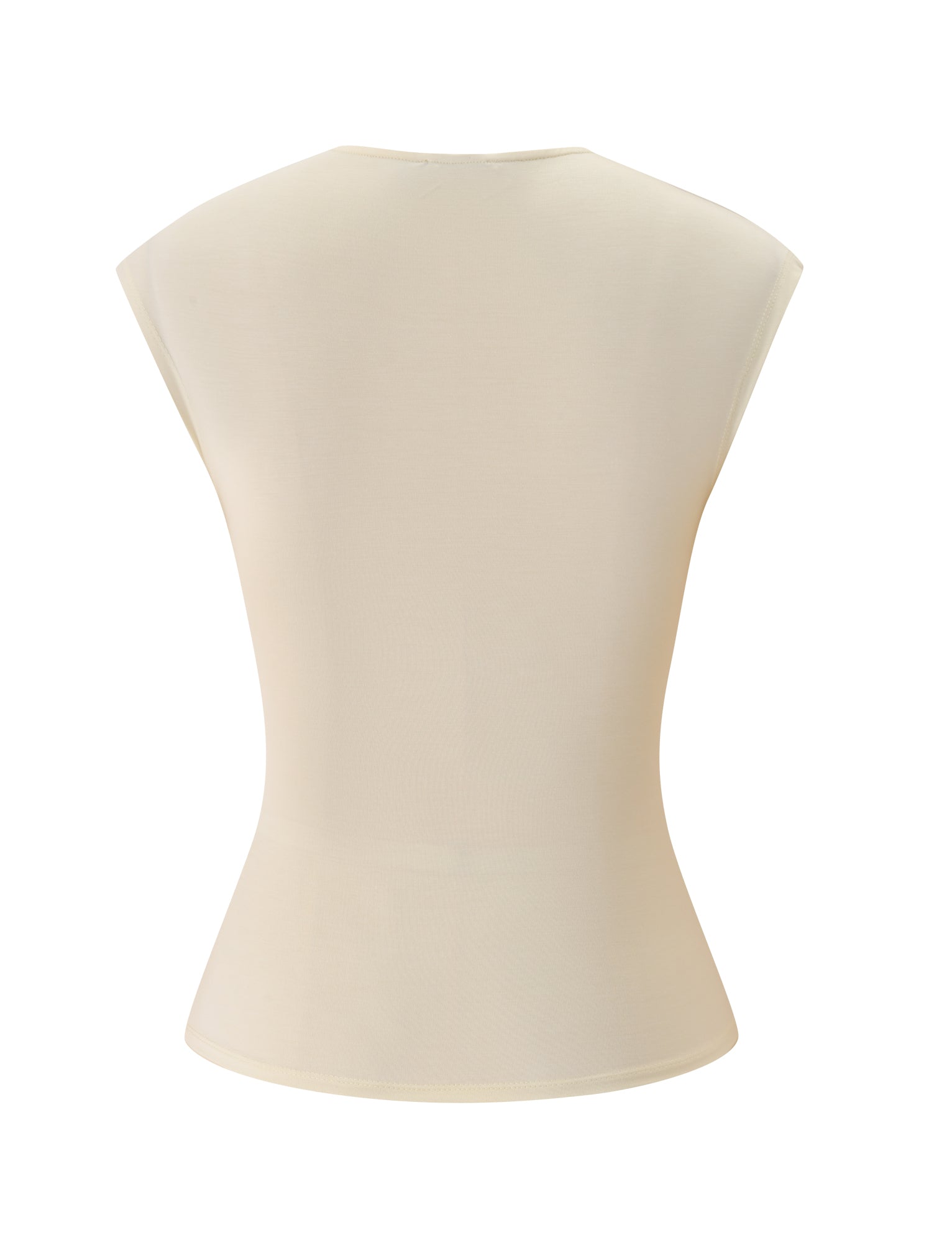 Back view of the TIGERMIST REYA TOP in cream—a sleeveless, fitted buttery jersey top with a round neckline—displayed against a white background.