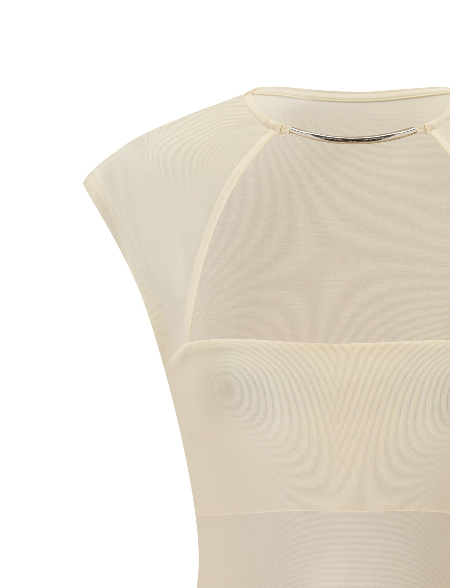 Close-up of the REYA TOP in cream by TIGERMIST, featuring a sleeveless design with cut-out details, sheer shoulder panels, and a delicate metallic neckline accent.