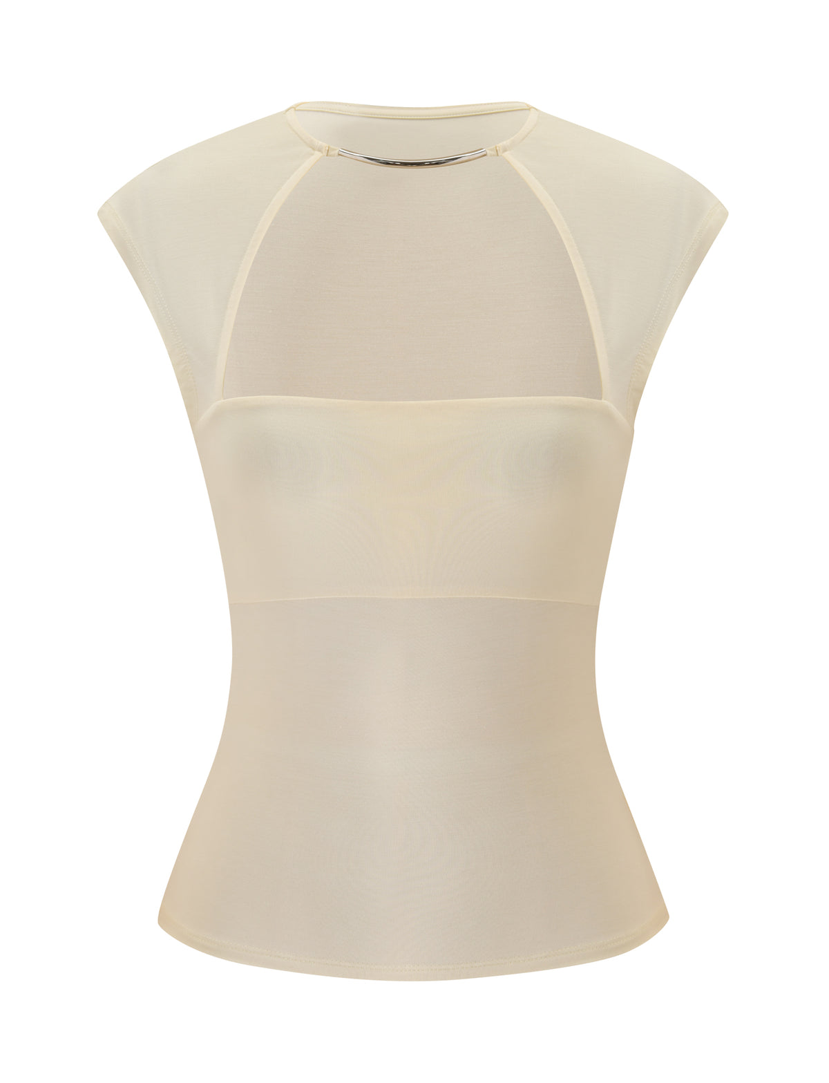 The REYA TOP in Cream by TIGERMIST is a sheer, fitted beige mesh top featuring cap sleeves, a high crew neckline, and subtle seam detailing at the bodice and shoulders—ideal for layering with your favorite cut-out cream top or pairing with a buttery jersey piece to add extra texture.