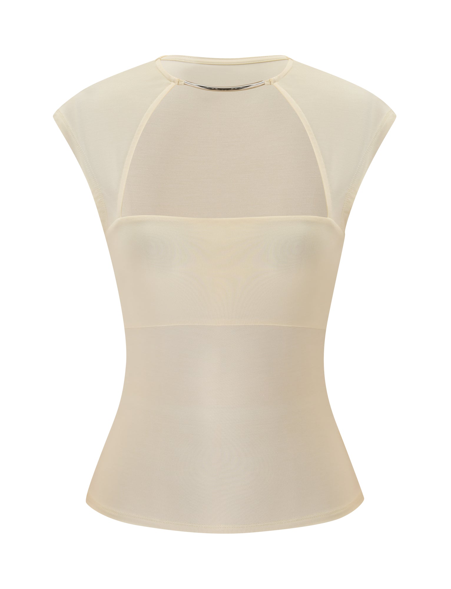 The REYA TOP in Cream by TIGERMIST is a sheer, fitted beige mesh top featuring cap sleeves, a high crew neckline, and subtle seam detailing at the bodice and shoulders—ideal for layering with your favorite cut-out cream top or pairing with a buttery jersey piece to add extra texture.