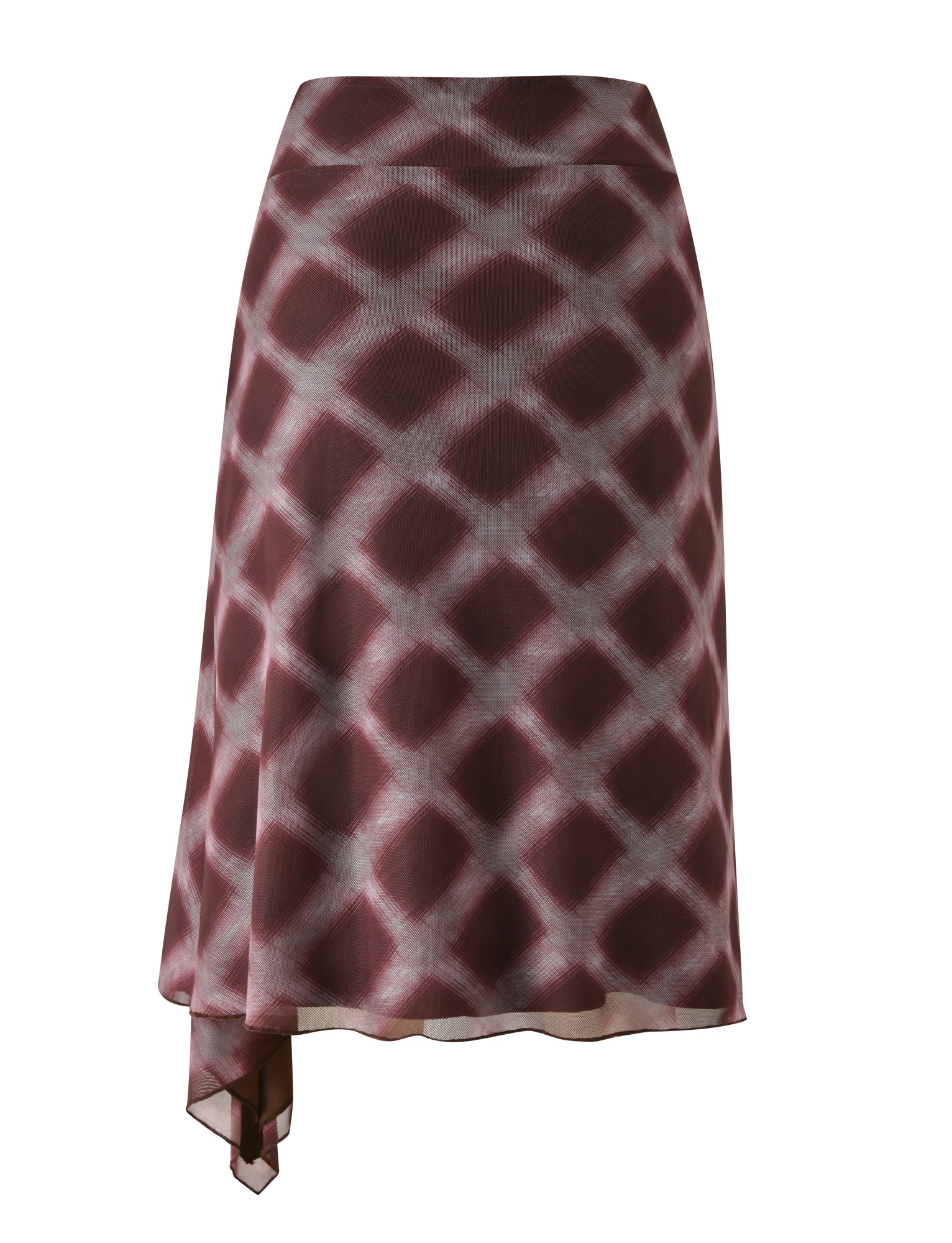 The SAFFRON MIDI SKIRT - MAHOGANY CHECK by TIGERMIST is a mahogany brown midi skirt with a white diamond check pattern, featuring an asymmetrical silhouette and a handkerchief hem.