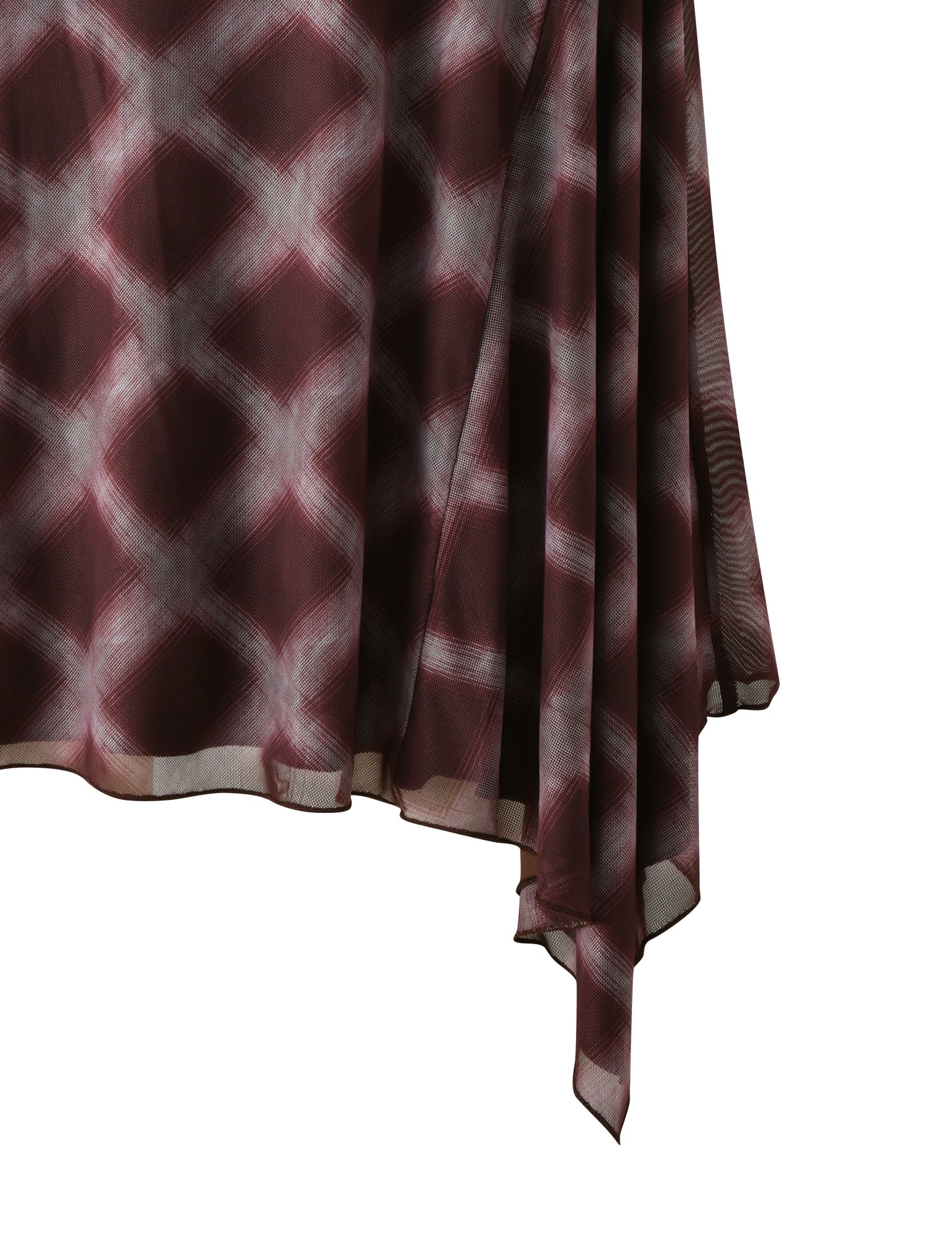 The SAFFRON MIDI SKIRT - MAHOGANY CHECK by TIGERMIST features sheer mesh fabric in a maroon and white check pattern, draping beautifully with an asymmetrical hem for a modern update on a classic look.