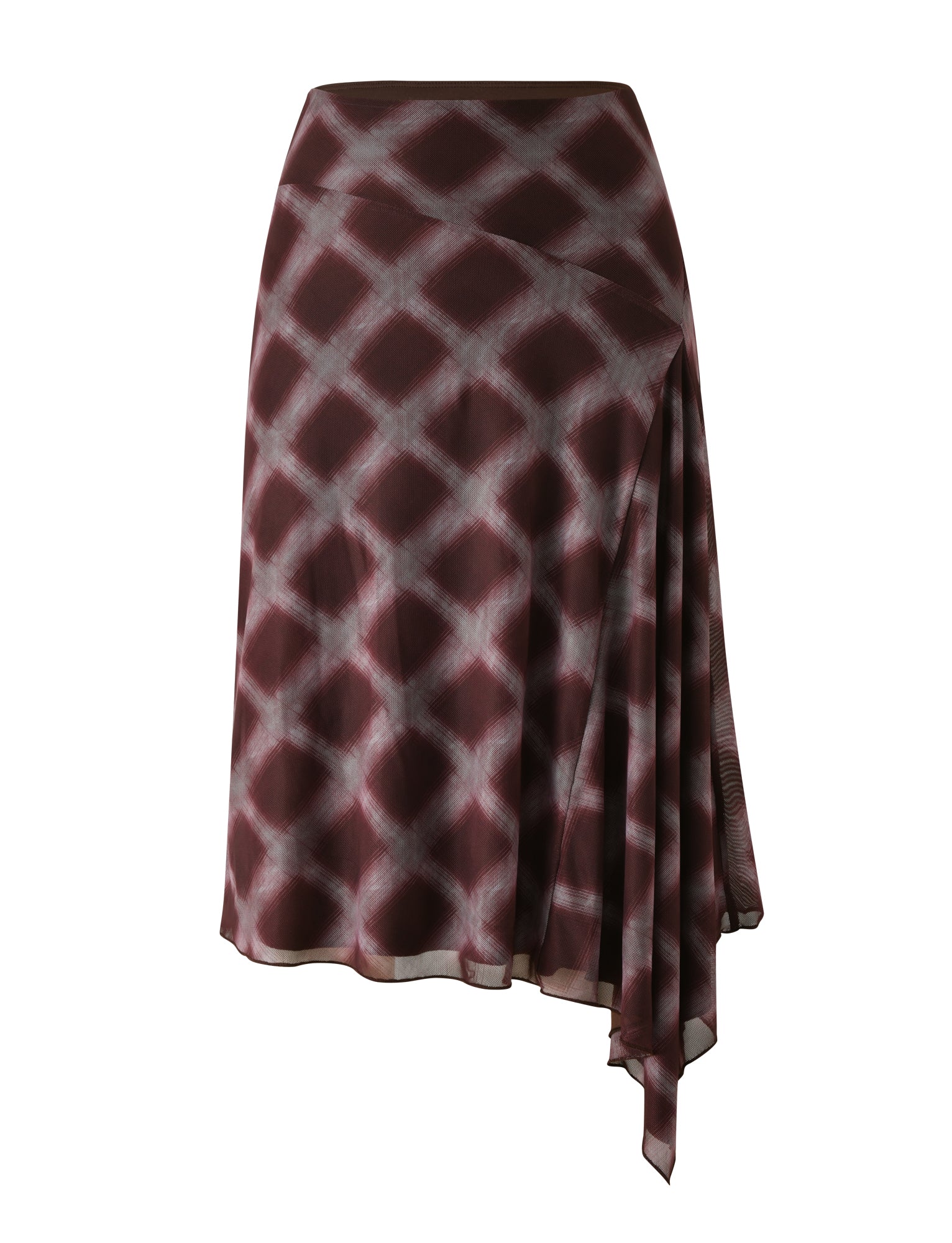 TIGERMIST’s SAFFRON MIDI SKIRT - MAHOGANY CHECK is a low-waisted, asymmetrical midi skirt made from lightweight fabric, featuring a maroon and white check pattern with a draped side detail.