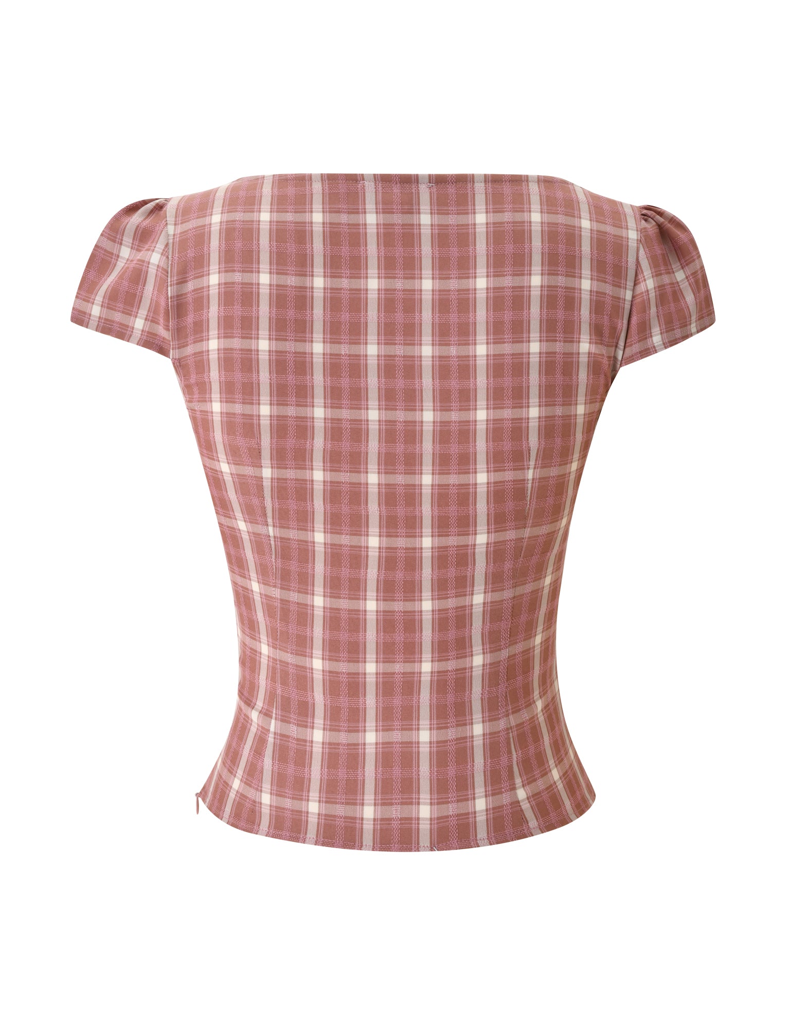 Back view of the TIGERMIST MIKA TOP in pink plaid, featuring short sleeves, a fitted silhouette, a boat neckline, subtle cap sleeves, and a curved hem, shown against a white background.