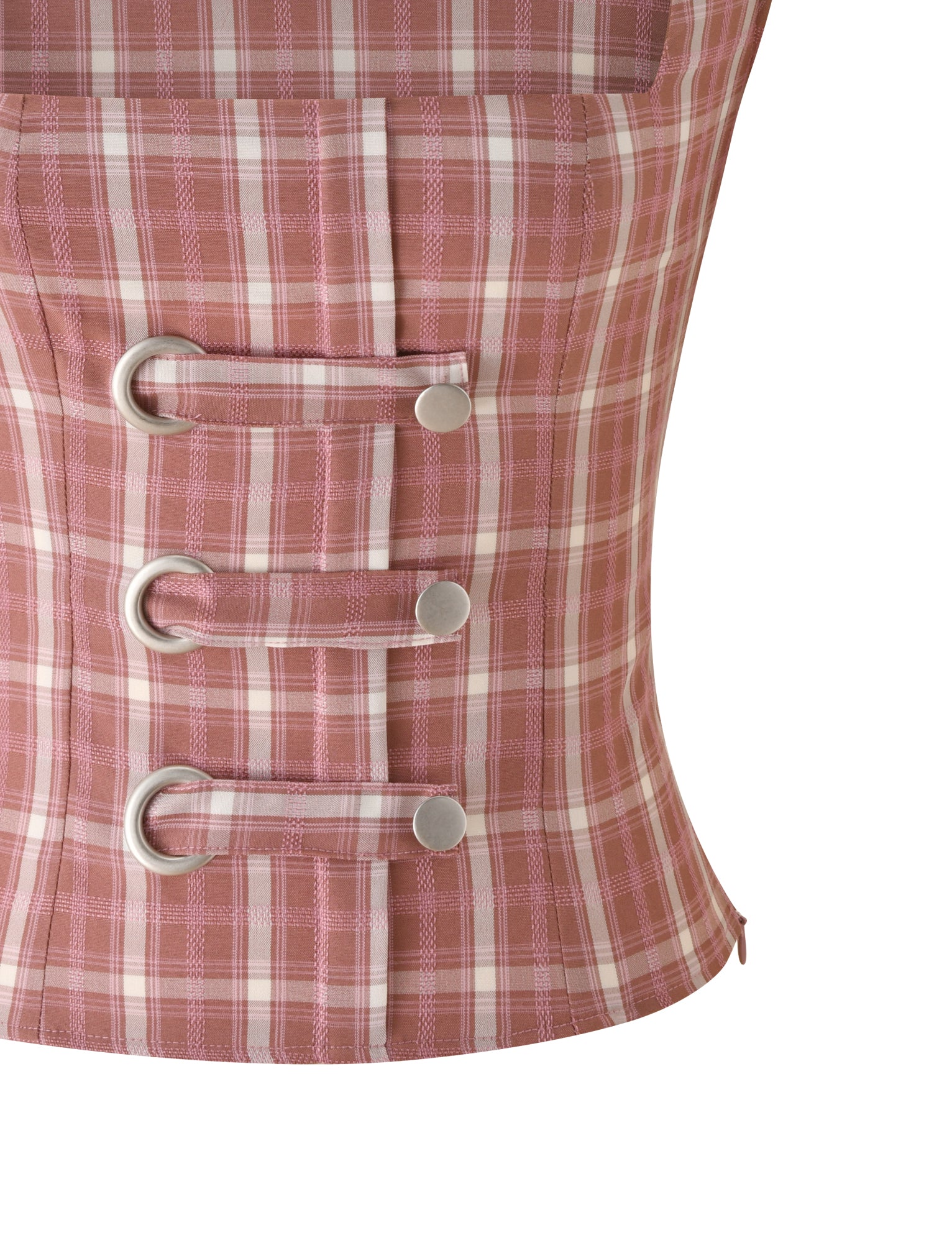 A close-up of the MIKA TOP - PINK PLAID by TIGERMIST, showcasing three silver buttons and two vertical fabric tabs with metal loops on the front, perfectly paired with delicate puff sleeves and a flattering square neckline.