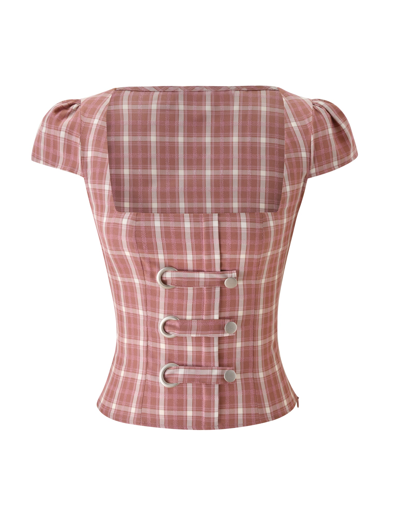 Introducing the MIKA TOP - PINK PLAID by TIGERMIST: This eye-catching cap-sleeve top features a square neckline and four silver buckles on the front. Its fitted, structured silhouette delivers a tailored look, making this pink plaid piece a standout addition to any stylish wardrobe.