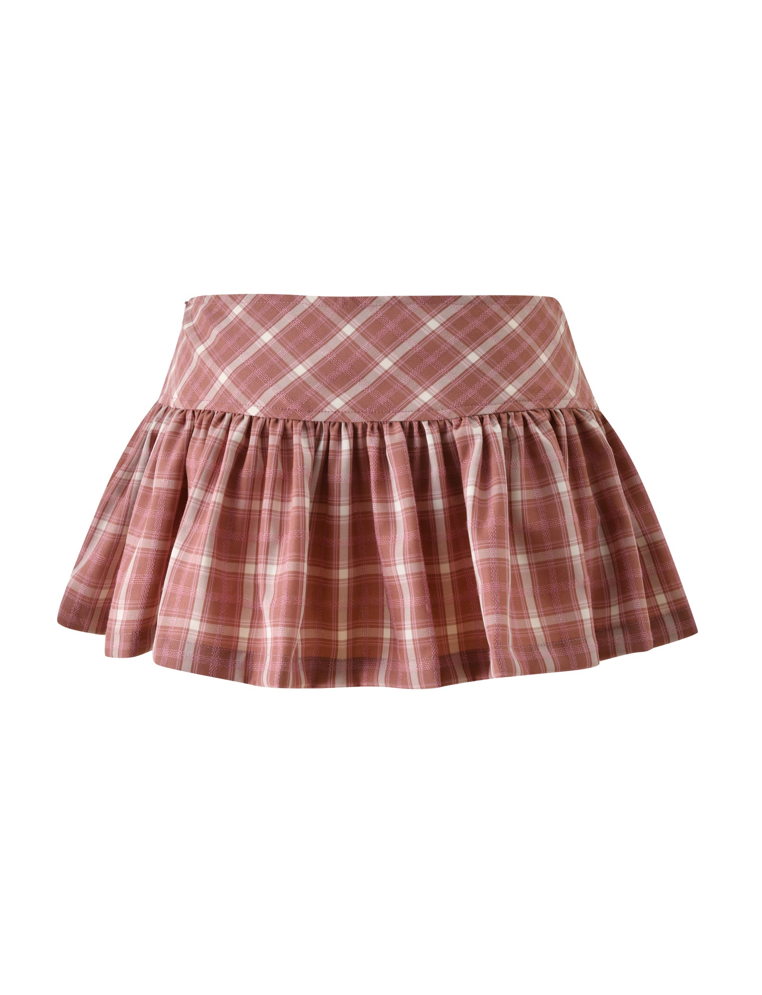The MIKA SKORT - PINK PLAID from TIGERMIST features a wide waistband and a flared, pleated silhouette, blending the playful style of a skirt with the comfort and coverage of shorts.