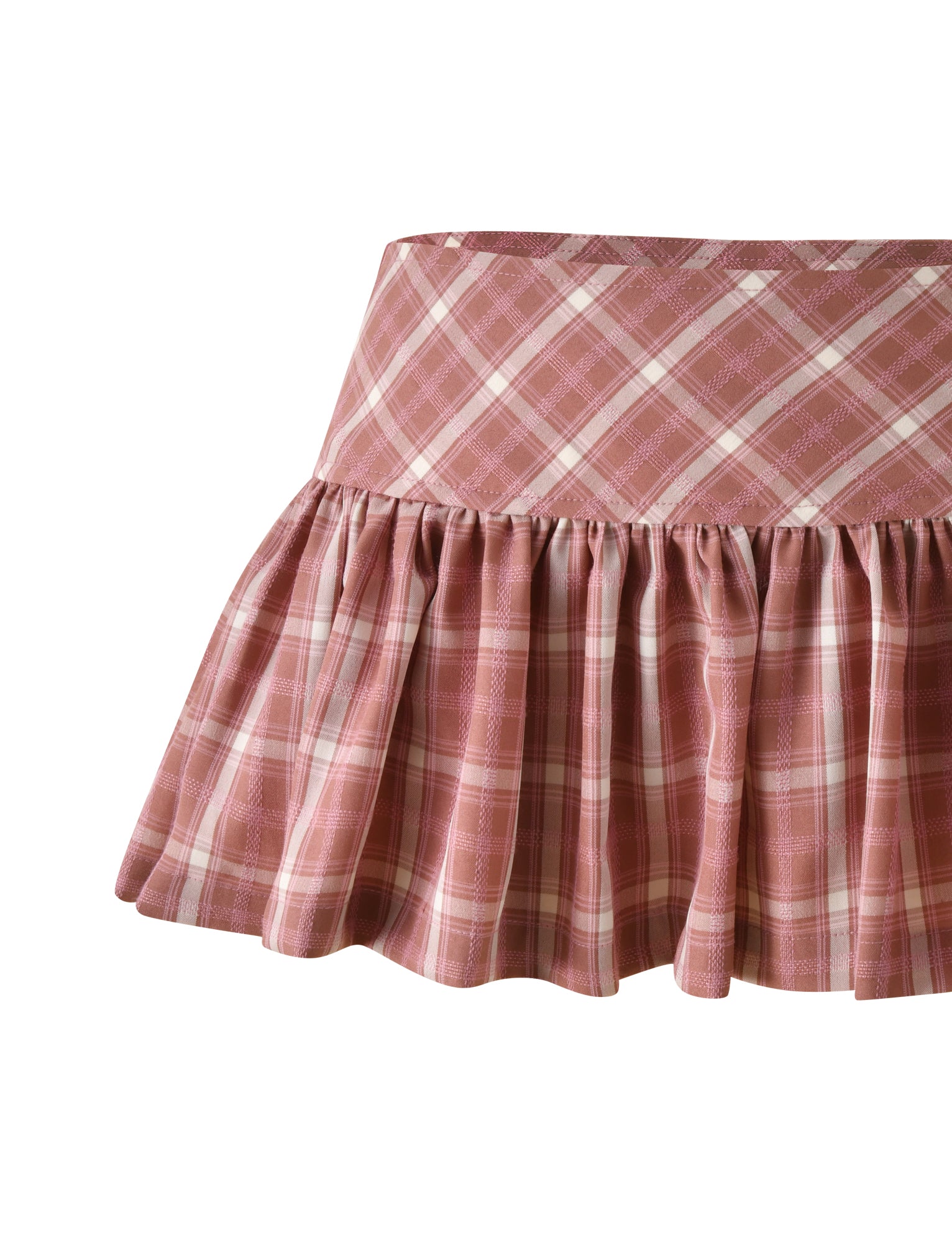 The MIKA SKORT - PINK PLAID by TIGERMIST features a fitted waistband and a pleated, flared bottom, shown against a white background.