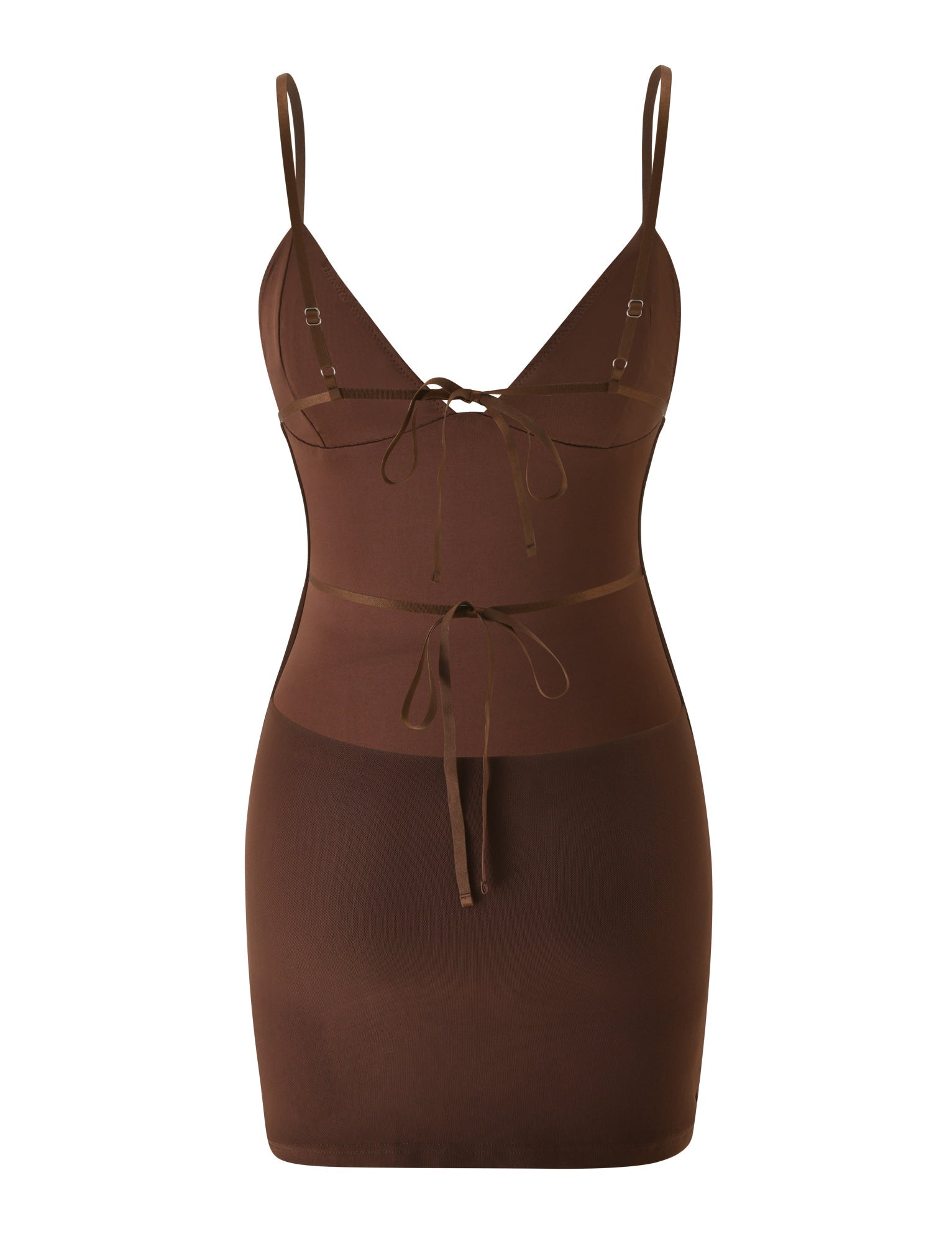 The SYLA MINI DRESS - CHOCOLATE by TIGERMIST is a sleeveless, fitted mini dress featuring a bodycon silhouette, spaghetti straps, and a deep V-neckline. Crafted from smooth, stretchy fabric, it includes thin adjustable ties at the bust and waist along with a subtle open back for added allure.