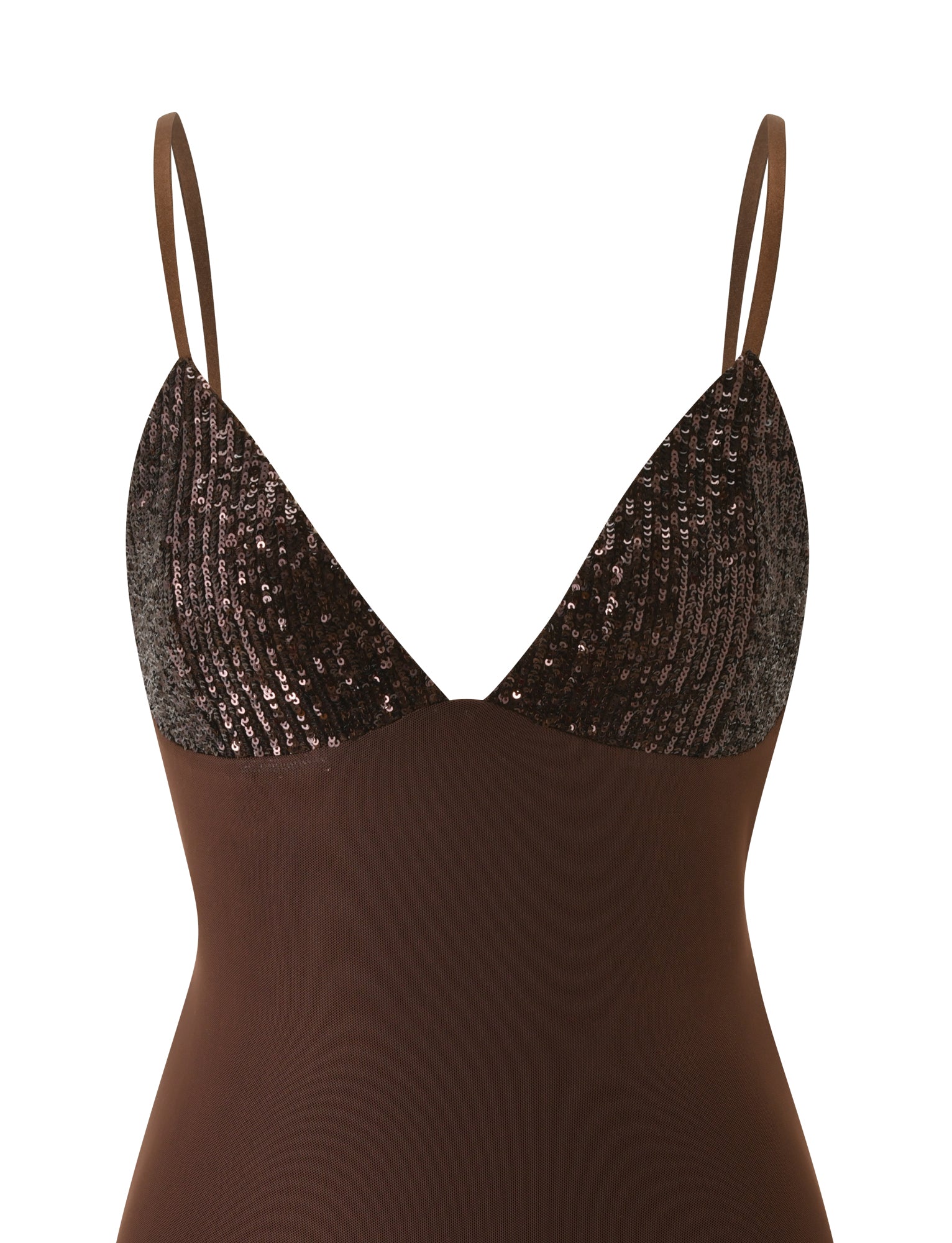 The SYLA MINI DRESS - CHOCOLATE by TIGERMIST is a chocolate bodycon mini dress featuring thin spaghetti straps and a flattering fitted silhouette. The bust is accentuated with dark, sequin-embellished cups, creating a striking contrast against the smooth brown fabric of the rest of the dress.