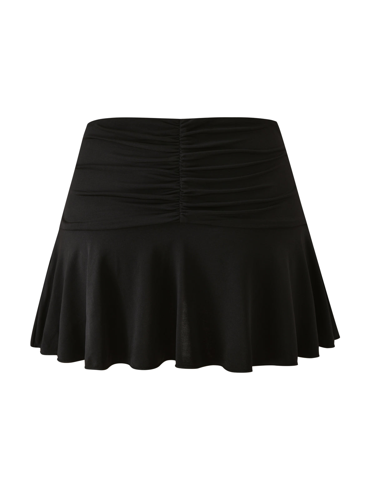 The SOLIA MINI SKIRT in black by TIGERMIST features a high-waisted silhouette with ruched detailing at the waistband and a flared, ruffled hem. Crafted from a smooth, slightly stretchy fabric, this mini skirt drapes beautifully for a flowy effect. The skirt is presented against a white background.