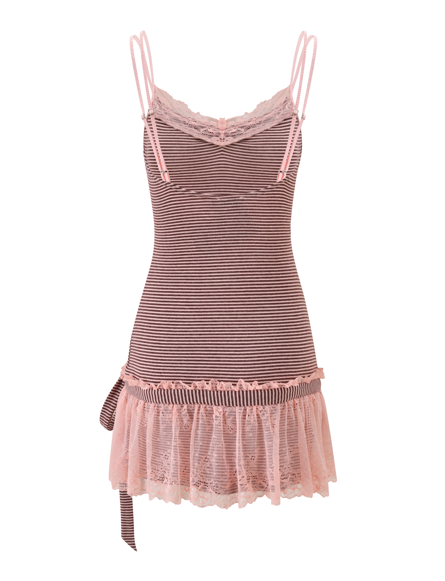 The CELIA MINI DRESS by TIGERMIST features pink and brown stripes, lace trim, adjustable straps, a waist bow, and a ruffled lace hem—a feminine piece ideal for your summer wardrobe.