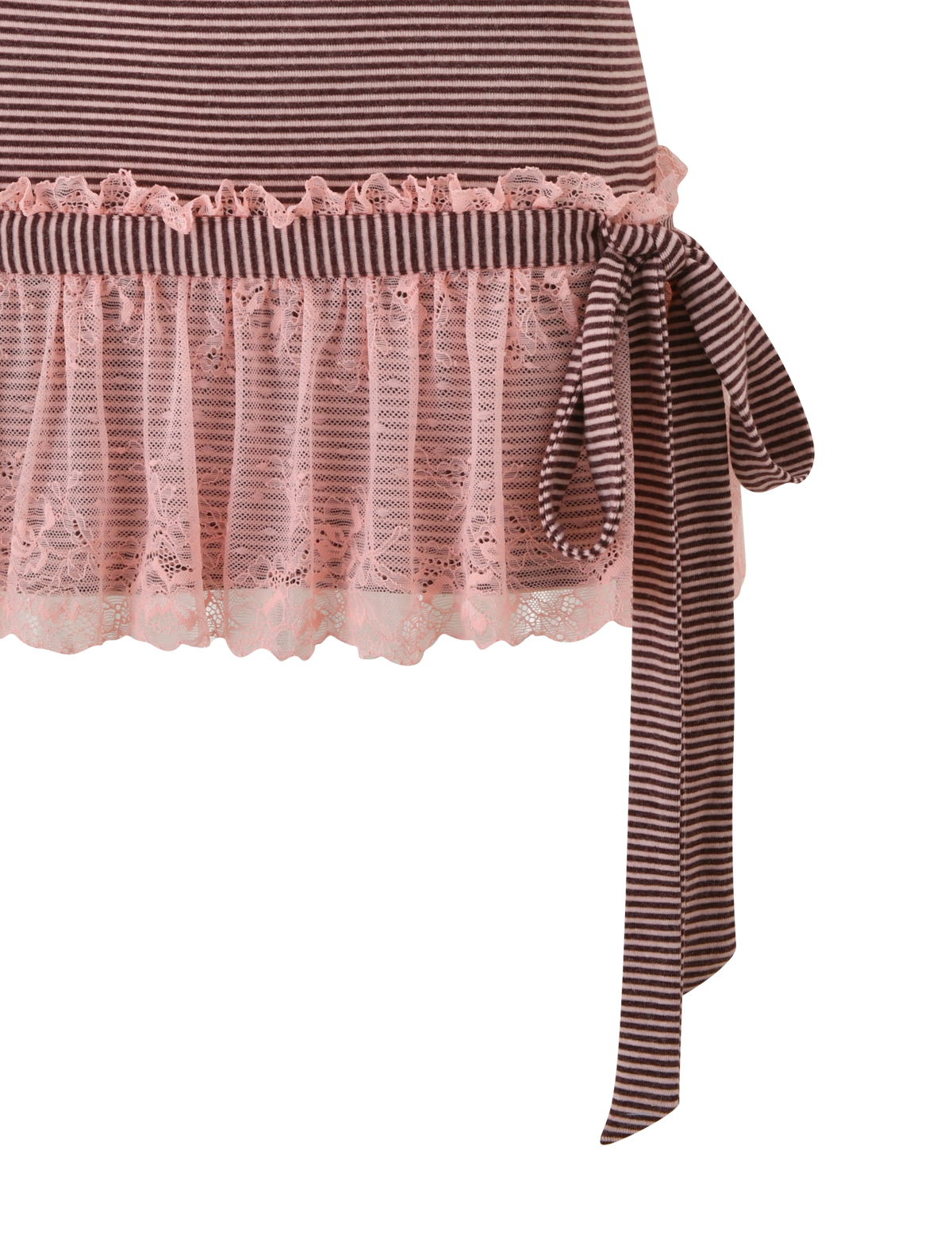 The CELIA MINI DRESS by TIGERMIST features pink and brown stripes, adjustable straps, a striped bow, pink lace ruffle trim, and floral lace detailing—a feminine touch for your summer wardrobe.
