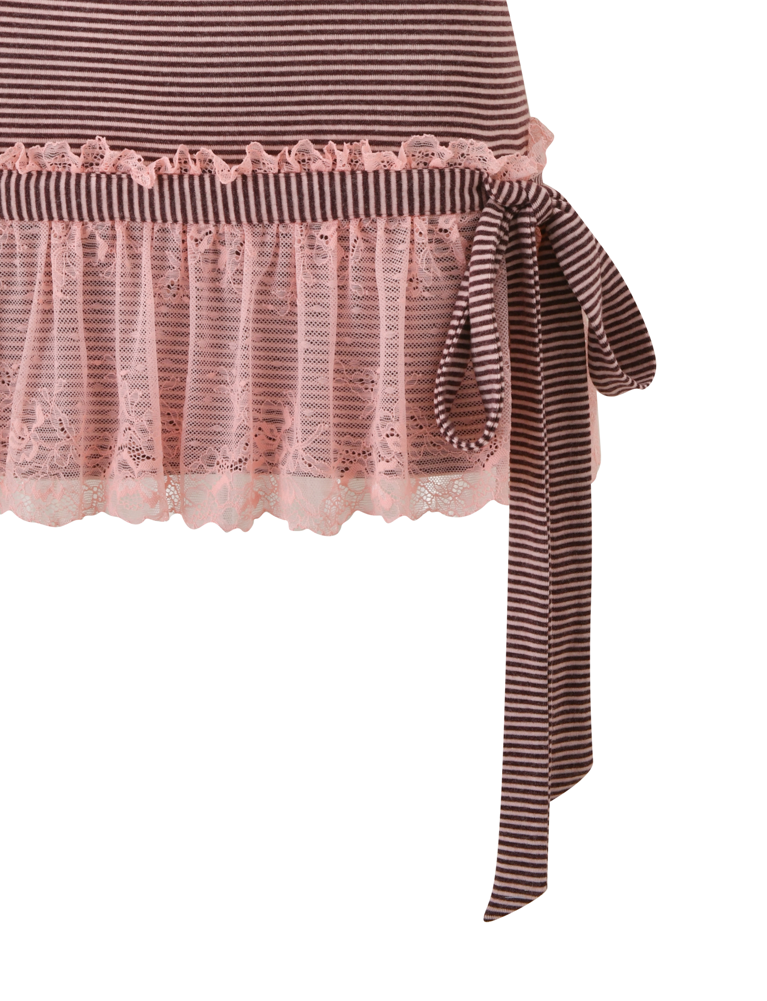 The CELIA MINI DRESS by TIGERMIST features pink and brown stripes, adjustable straps, a striped bow, pink lace ruffle trim, and floral lace detailing—a feminine touch for your summer wardrobe.