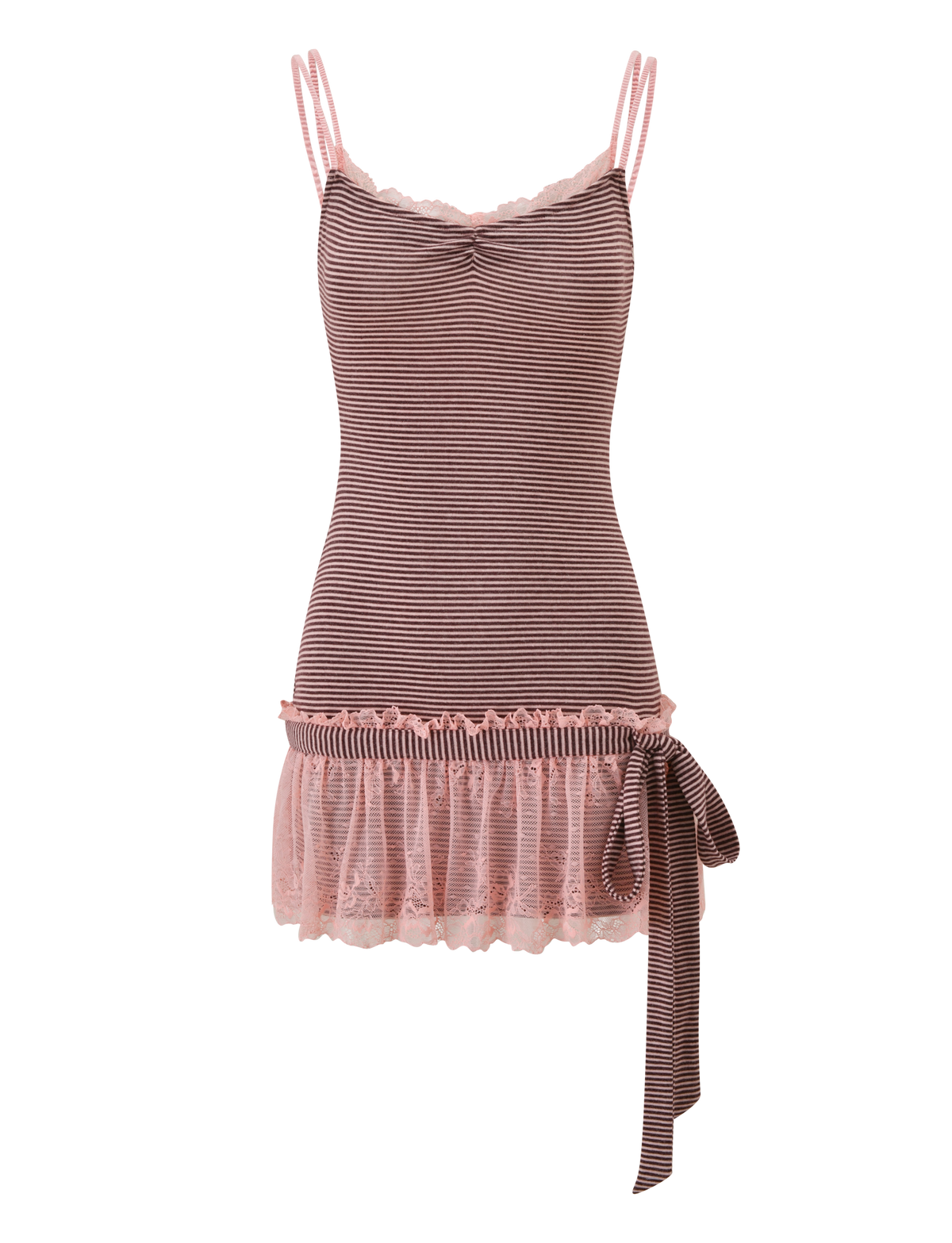 The CELIA MINI DRESS - PINK AND BROWN by TIGERMIST features sleeveless pink and brown stripes, a ruffled lace skirt, lace-trimmed neckline and hem, adjustable straps, and a waist bow. Shown against a plain white background.