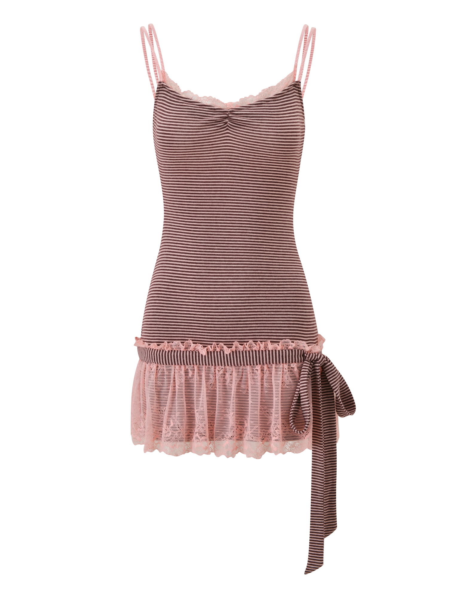The CELIA MINI DRESS - PINK AND BROWN by TIGERMIST features sleeveless pink and brown stripes, a ruffled lace skirt, lace-trimmed neckline and hem, adjustable straps, and a waist bow. Shown against a plain white background.