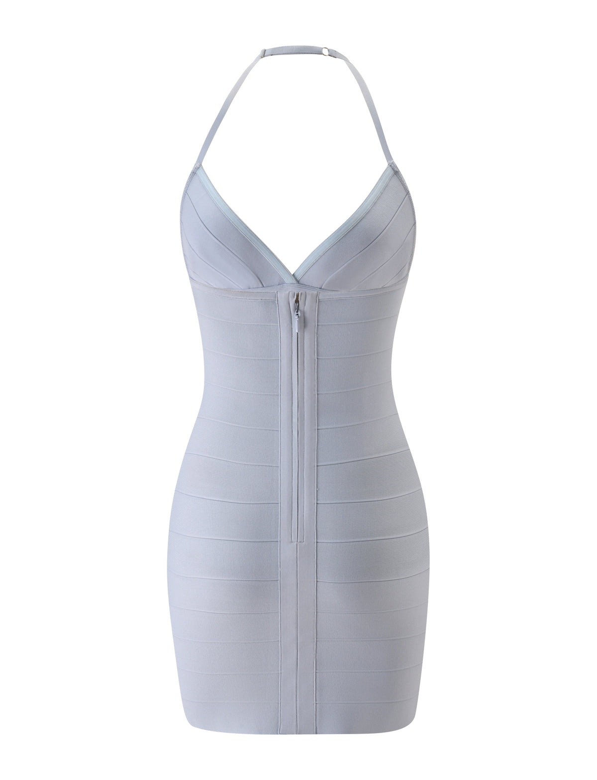 DALIA BANDAGE MINI DRESS - DOVE GREY featuring a halter neckline and a front zipper.