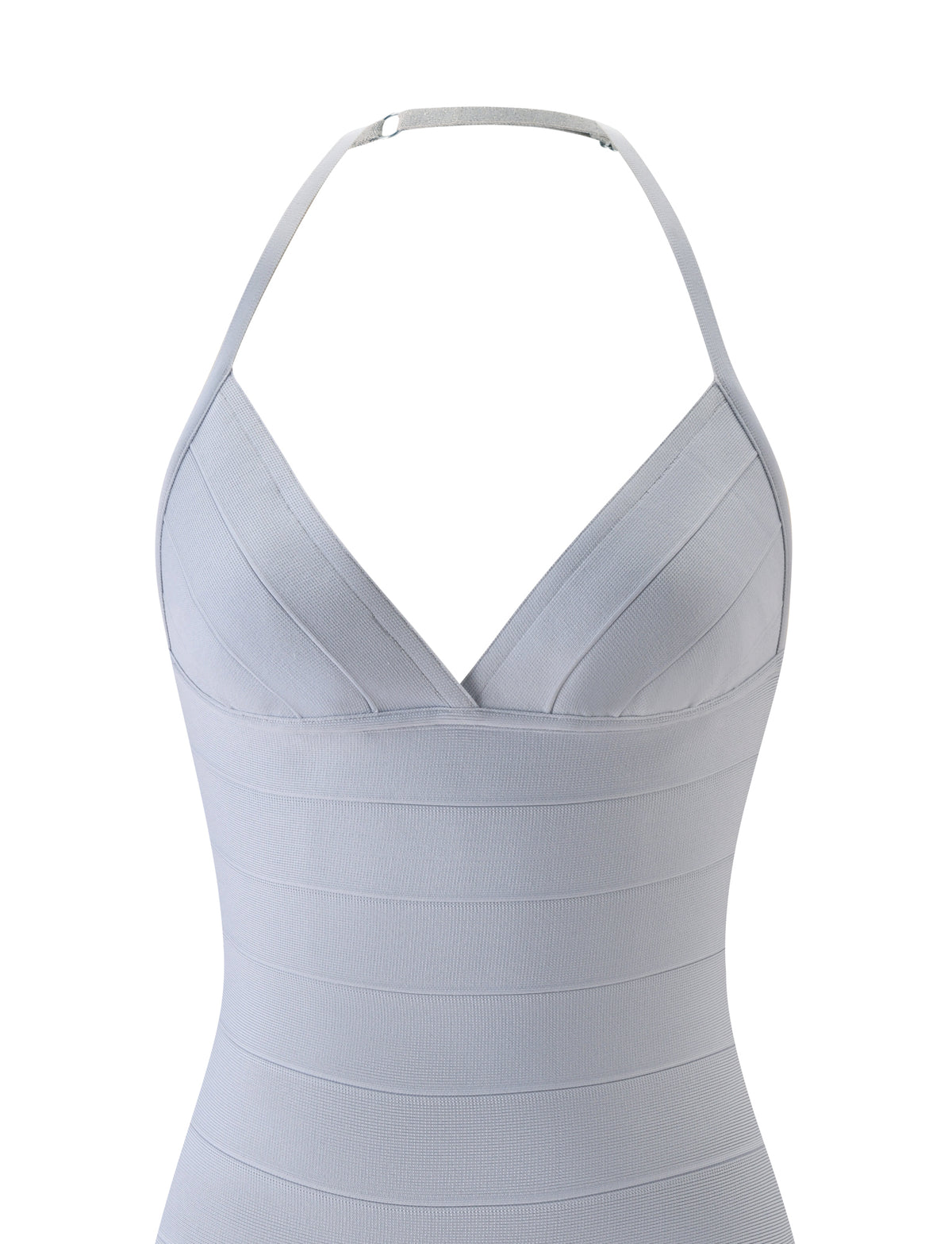 DALIA BANDAGE MINI DRESS in dove grey, featuring a V-neckline and halter neck strap.