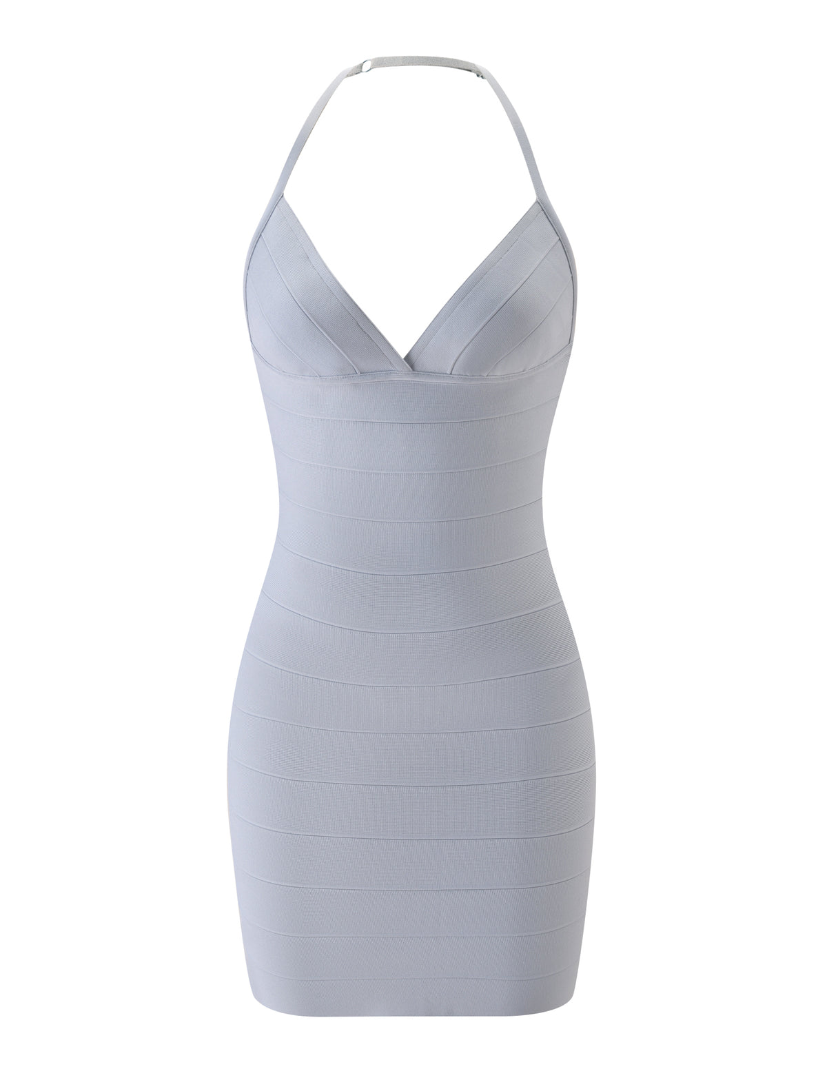 DALIA BANDAGE MINI DRESS - DOVE GREY halter neck mini dress with a V-neckline and bodycon fit.