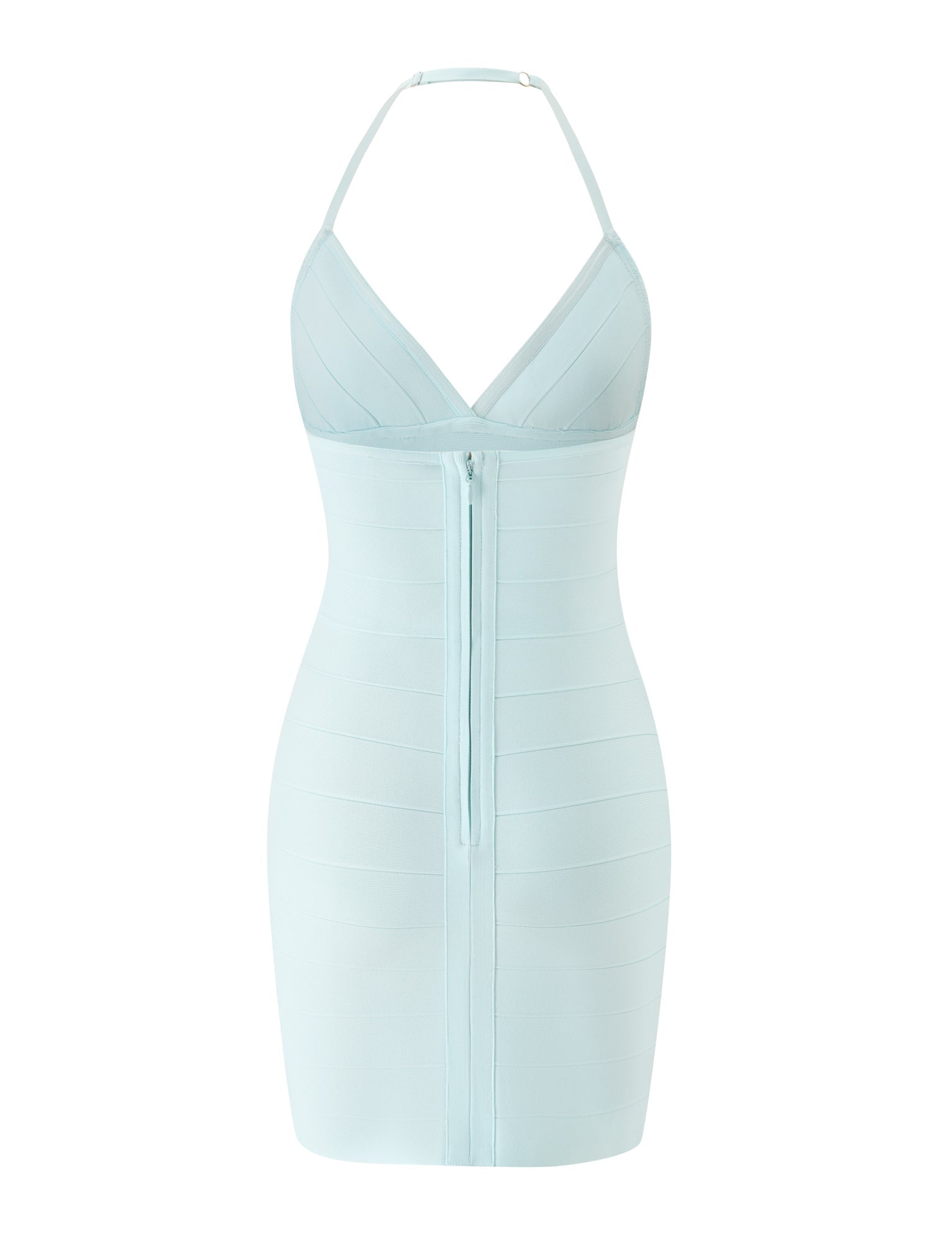 The DALIA BANDAGE MINI DRESS by TIGERMIST comes in a mint blue shade and features a sleeveless, fitted bodycon silhouette with a halter neckline and front zipper detail. Subtle horizontal paneling enhances its chic style, making it the perfect choice for your next beach club outing.