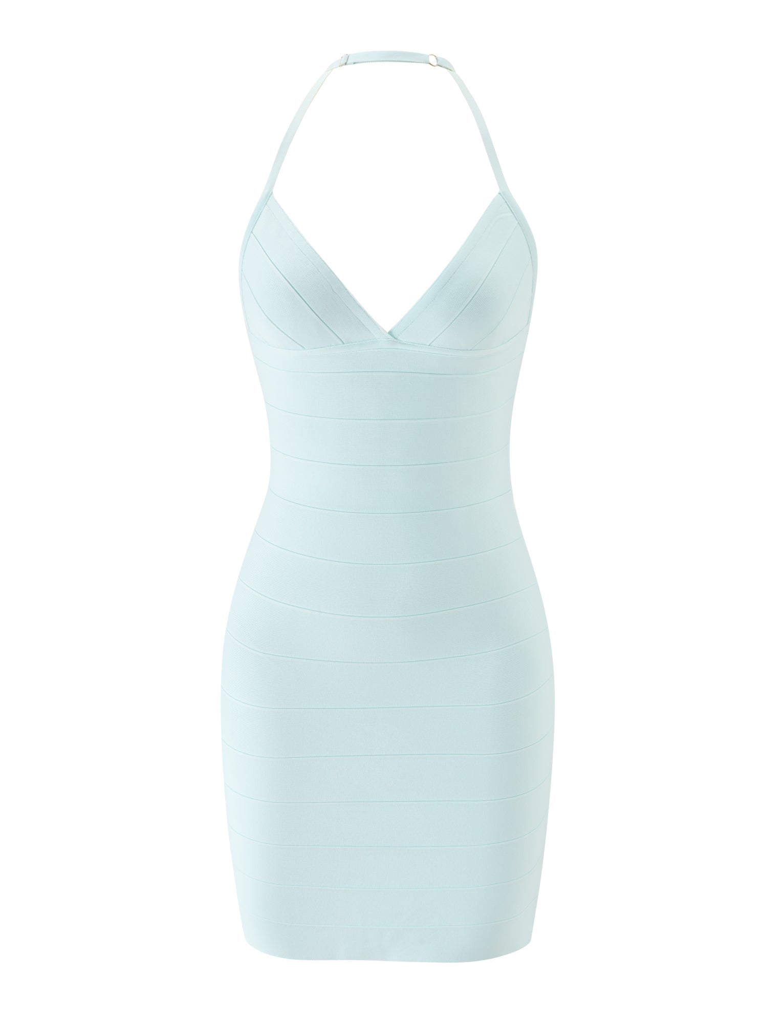 The DALIA BANDAGE MINI DRESS by TIGERMIST is a mint blue, sleeveless bodycon mini dress featuring a deep V-neckline and halter strap. Its form-fitting silhouette is accentuated by horizontal bandage-style seams and a smooth texture, making it the perfect choice for a beach club event. The dress is displayed against a white background.