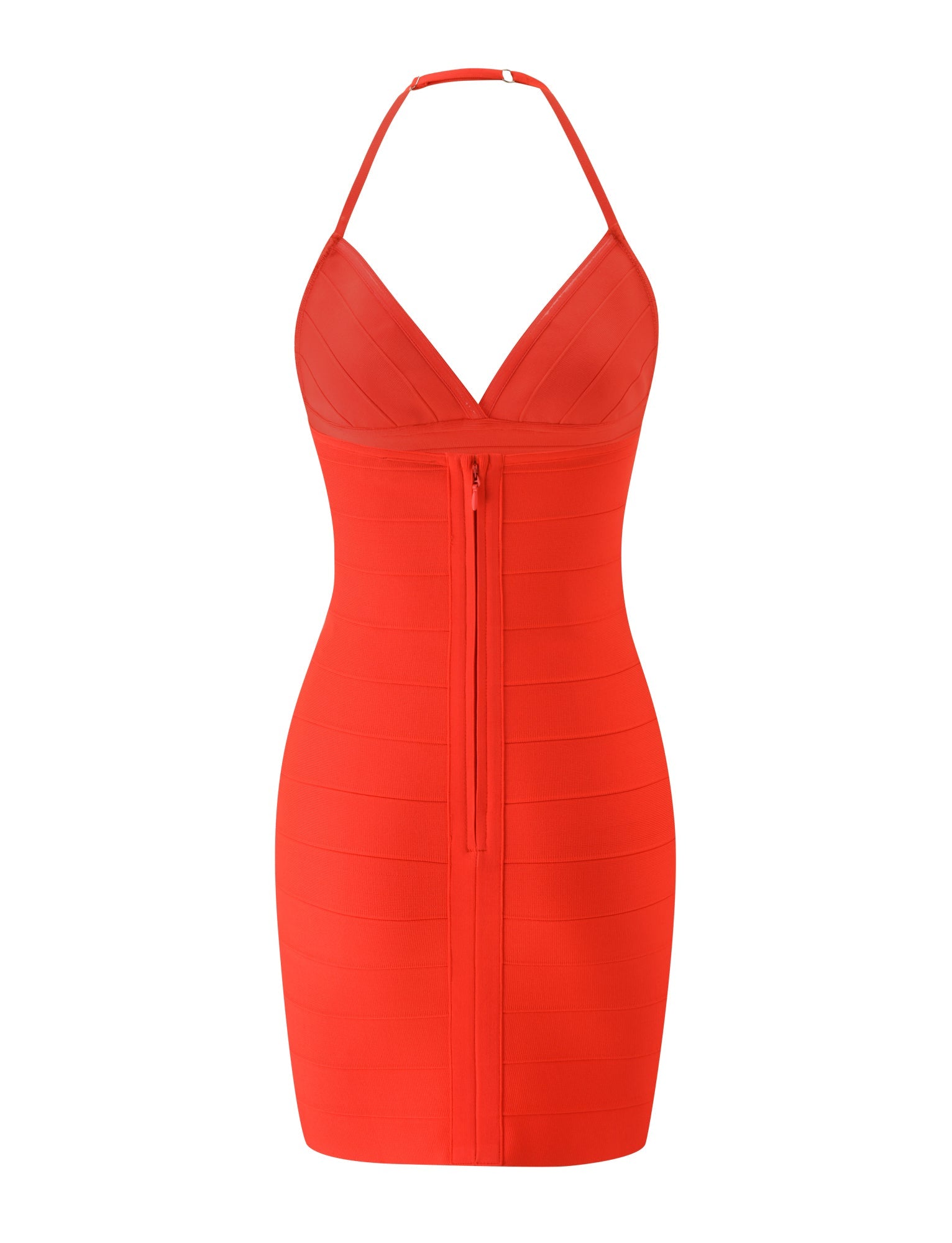 The DALIA BANDAGE MINI DRESS - TOMATO by TIGERMIST is a striking red, form-fitting halter-neck mini dress featuring a deep V-neckline, sleeveless design, and front zipper detail—an ideal Euro summer piece for making a bold statement.