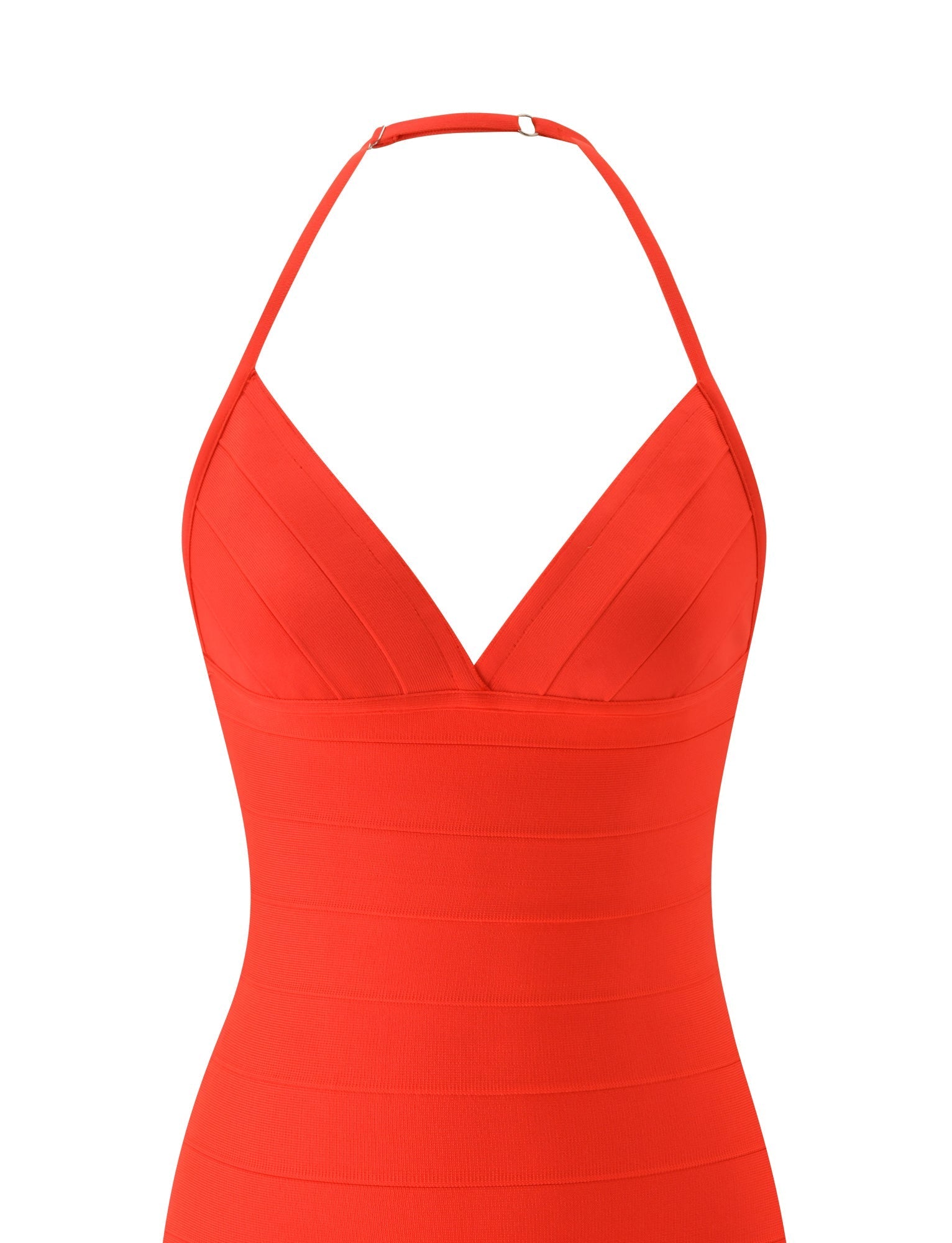 A vibrant tomato red mini dress from TIGERMIST, the DALIA BANDAGE MINI DRESS features a halter neckline, deep V front, and banded detailing throughout the fabric, echoing the chic style of Euro summer dress collections. Displayed on a white background.