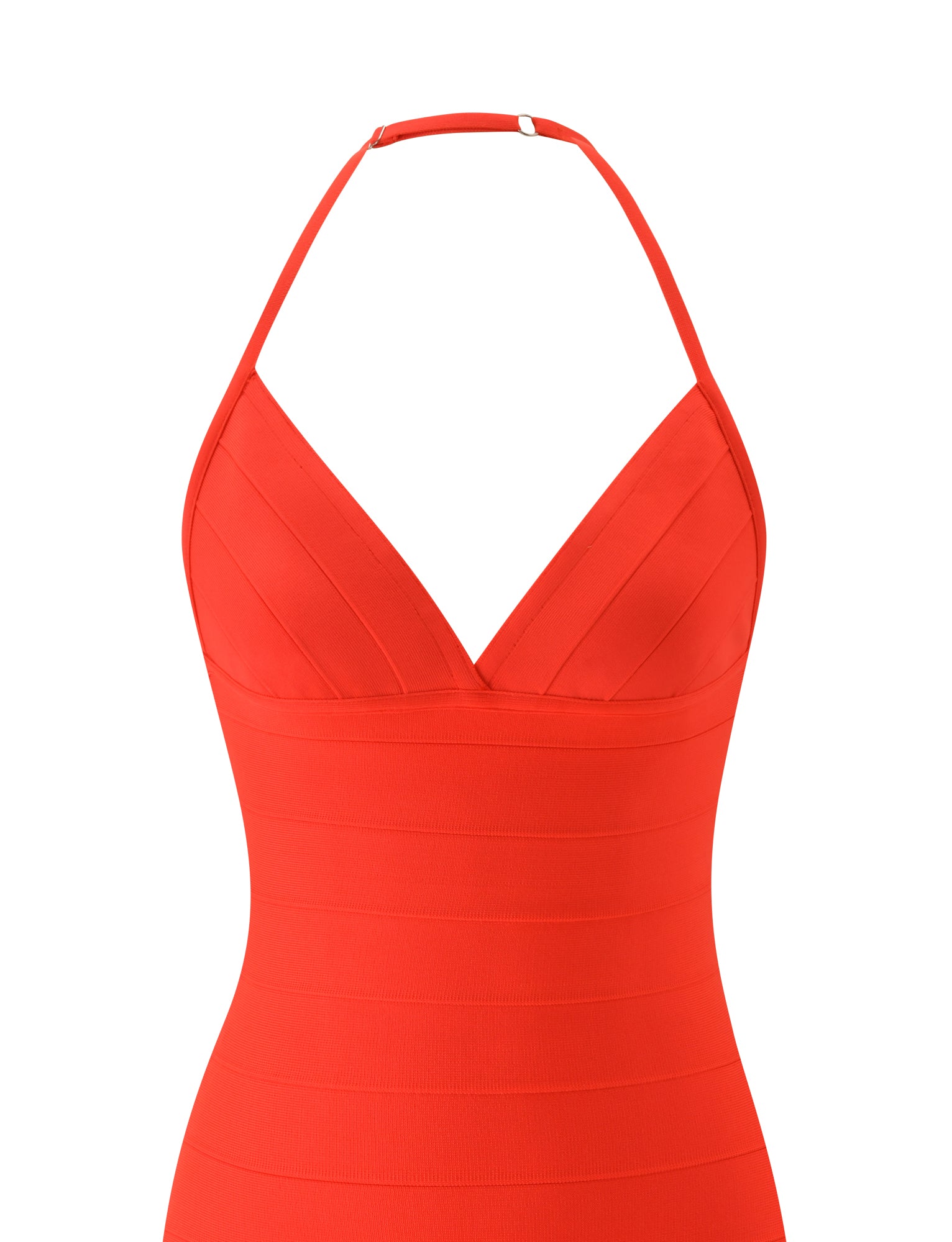 A vibrant tomato red mini dress from TIGERMIST, the DALIA BANDAGE MINI DRESS features a halter neckline, deep V front, and banded detailing throughout the fabric, echoing the chic style of Euro summer dress collections. Displayed on a white background.