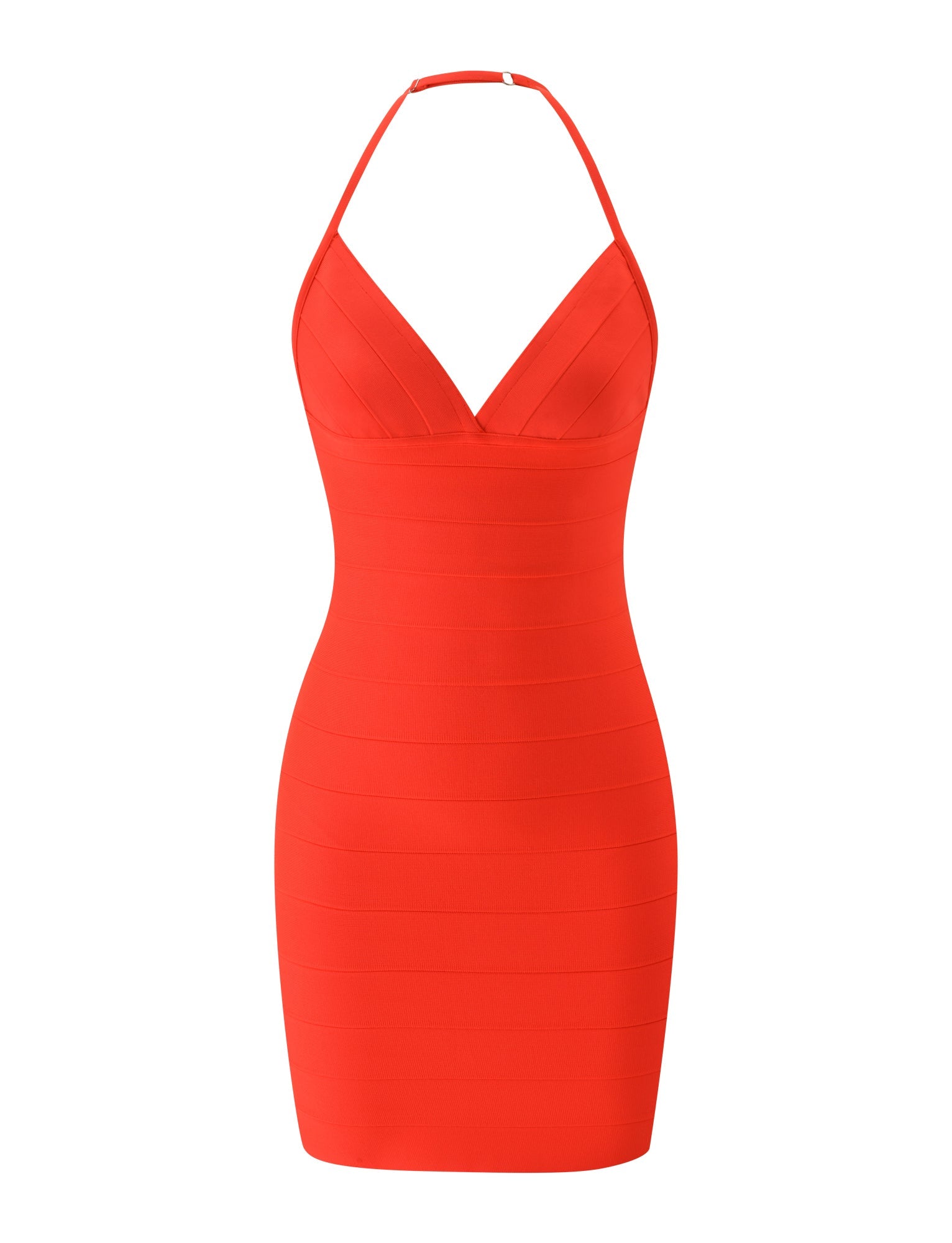 Introducing the DALIA BANDAGE MINI DRESS - TOMATO by TIGERMIST, a vibrant red, sleeveless bodycon mini dress featuring a halter neck and fitted bandage-style fabric. Perfect for Euro summer style, this chic mini dress showcases a deep V-shaped front for a bold, eye-catching look.