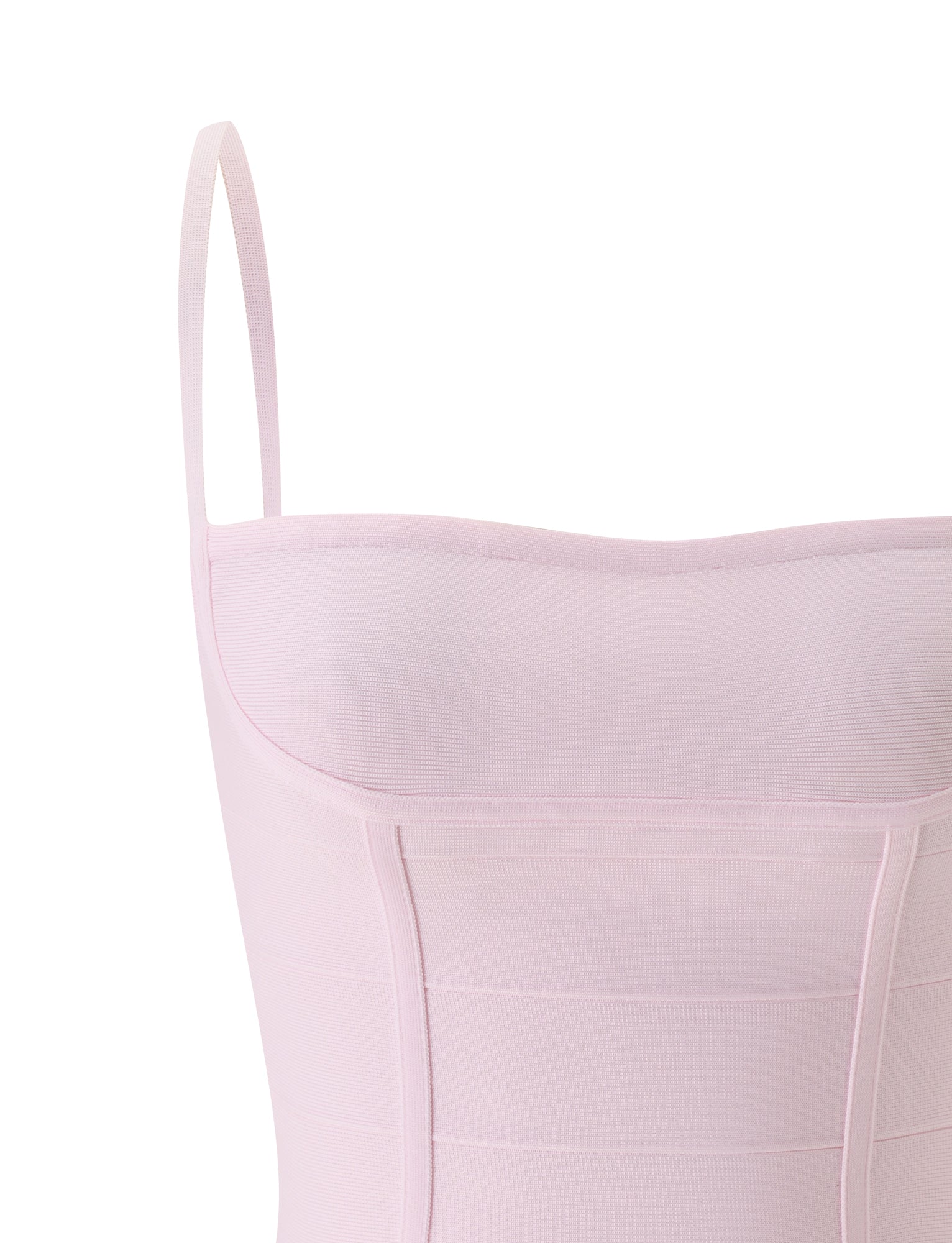 Close-up of the TIGERMIST TAHNIA BANDAGE TOP in Ballet Pink, featuring thin spaghetti straps and visible vertical seam lines in a corset-inspired design, displayed against a plain white background.